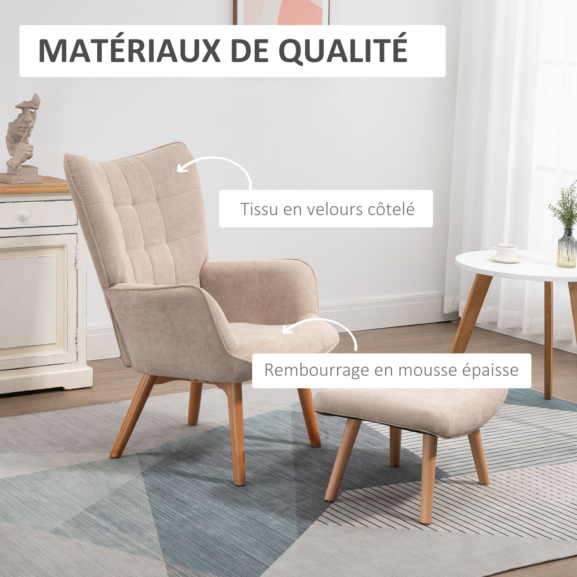 Fauteuil avec repose pied, fauteuil salon avec pieds en bois, dossier haut et tissu aspect velours côtelé, pour salon chambre à coucher beige