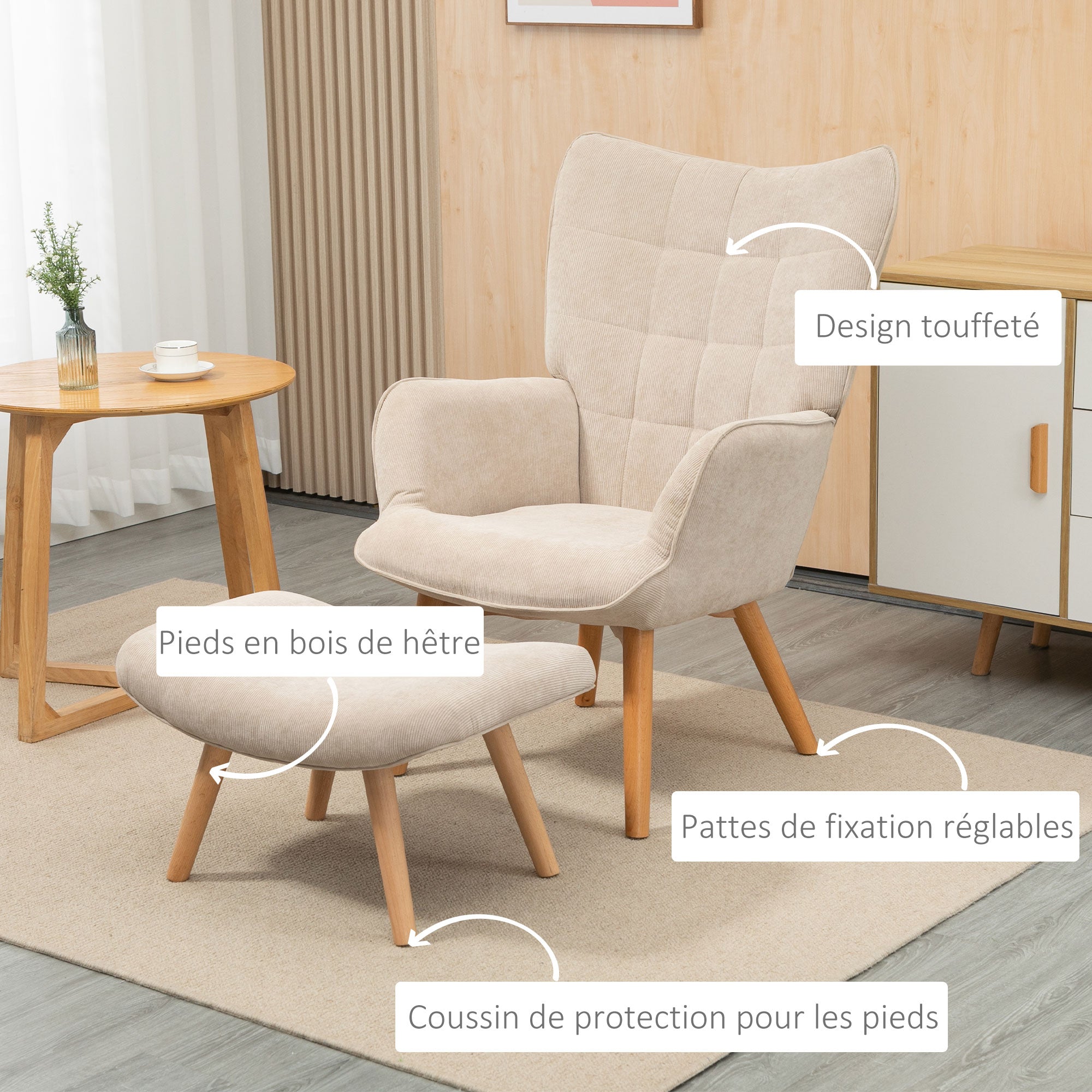 Fauteuil avec repose pied, fauteuil salon avec pieds en bois, dossier haut et tissu aspect velours côtelé, pour salon chambre à coucher beige