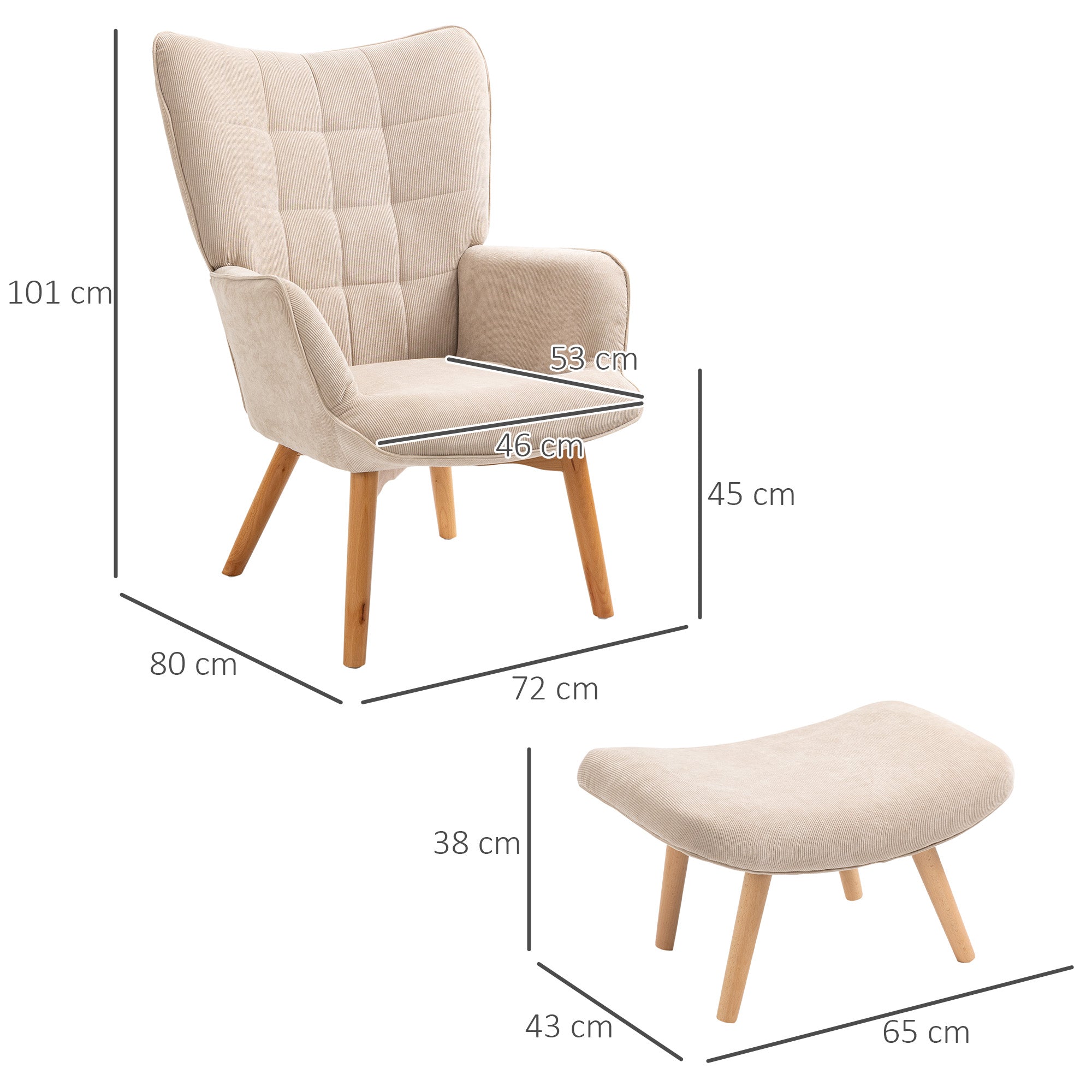 Fauteuil avec repose pied, fauteuil salon avec pieds en bois, dossier haut et tissu aspect velours côtelé, pour salon chambre à coucher beige