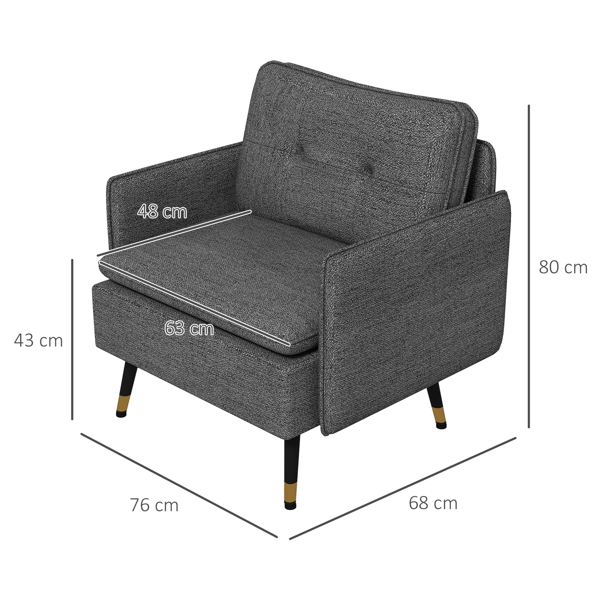 Fauteuil scandinave dossier capitonné avec passepoil en tissu 76 x 68 x 80 cm - gris et pieds en métal noir et doré