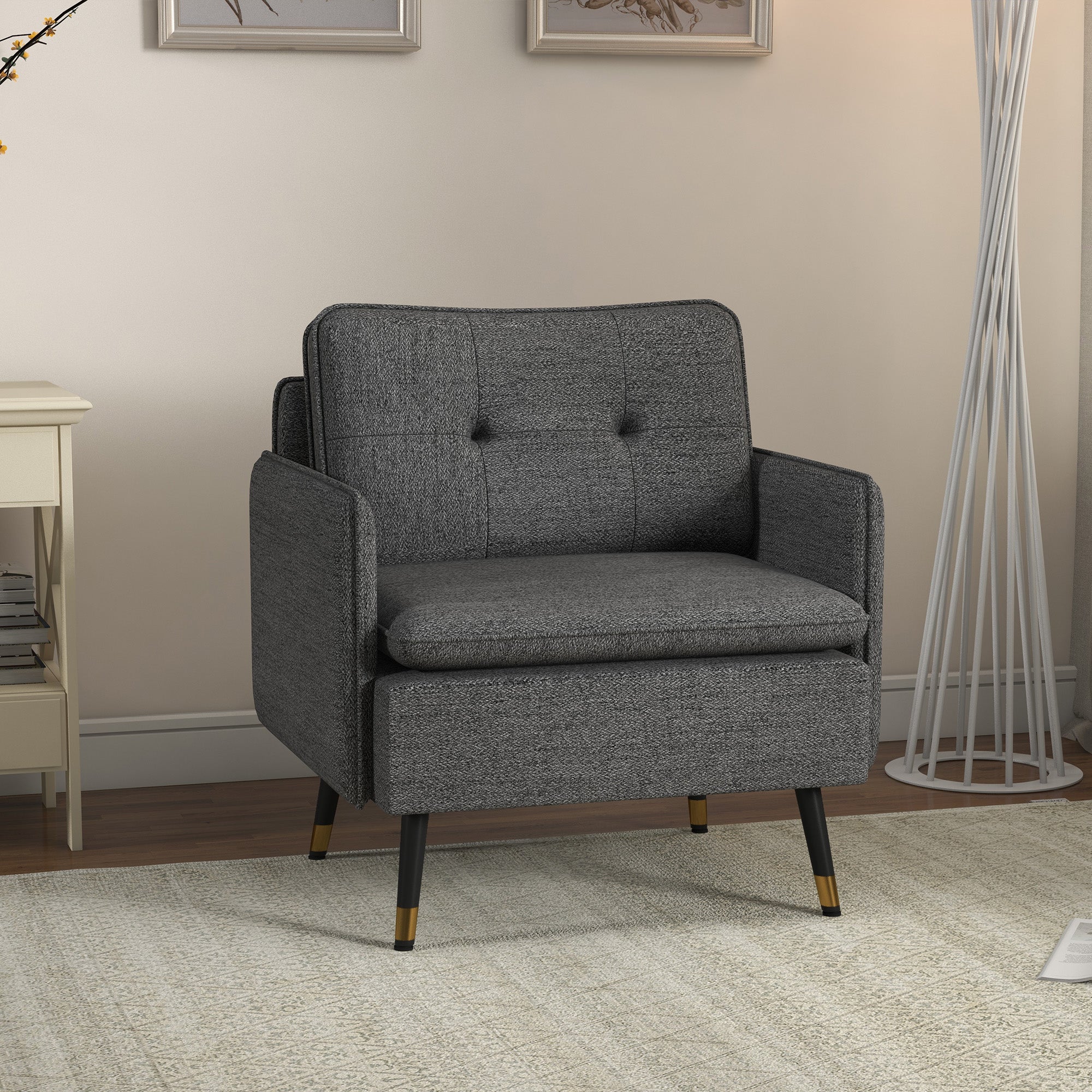 Fauteuil scandinave dossier capitonné avec passepoil en tissu 76 x 68 x 80 cm - gris et pieds en métal noir et doré