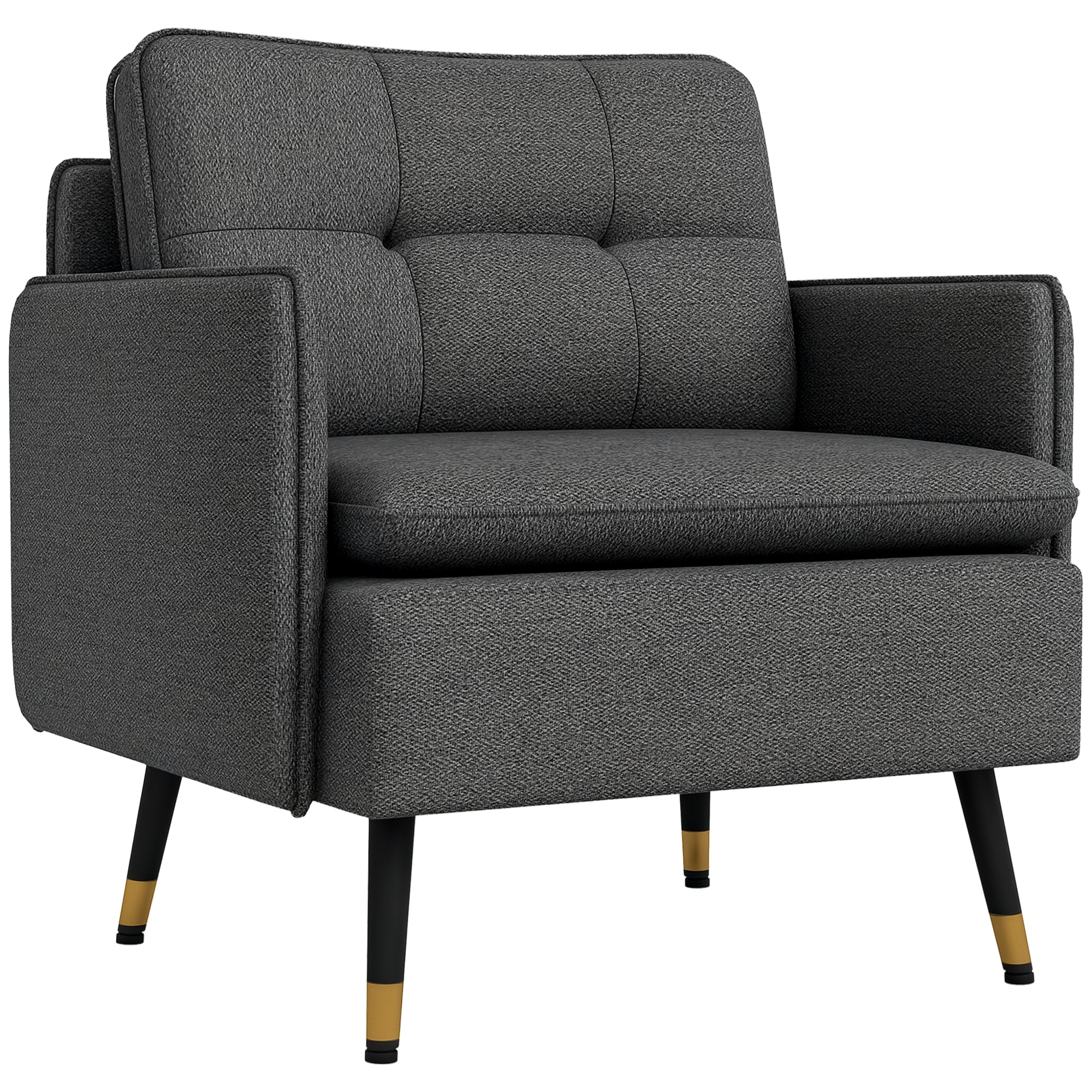 Fauteuil scandinave dossier capitonné avec passepoil en tissu 76 x 68 x 80 cm - gris et pieds en métal noir et doré