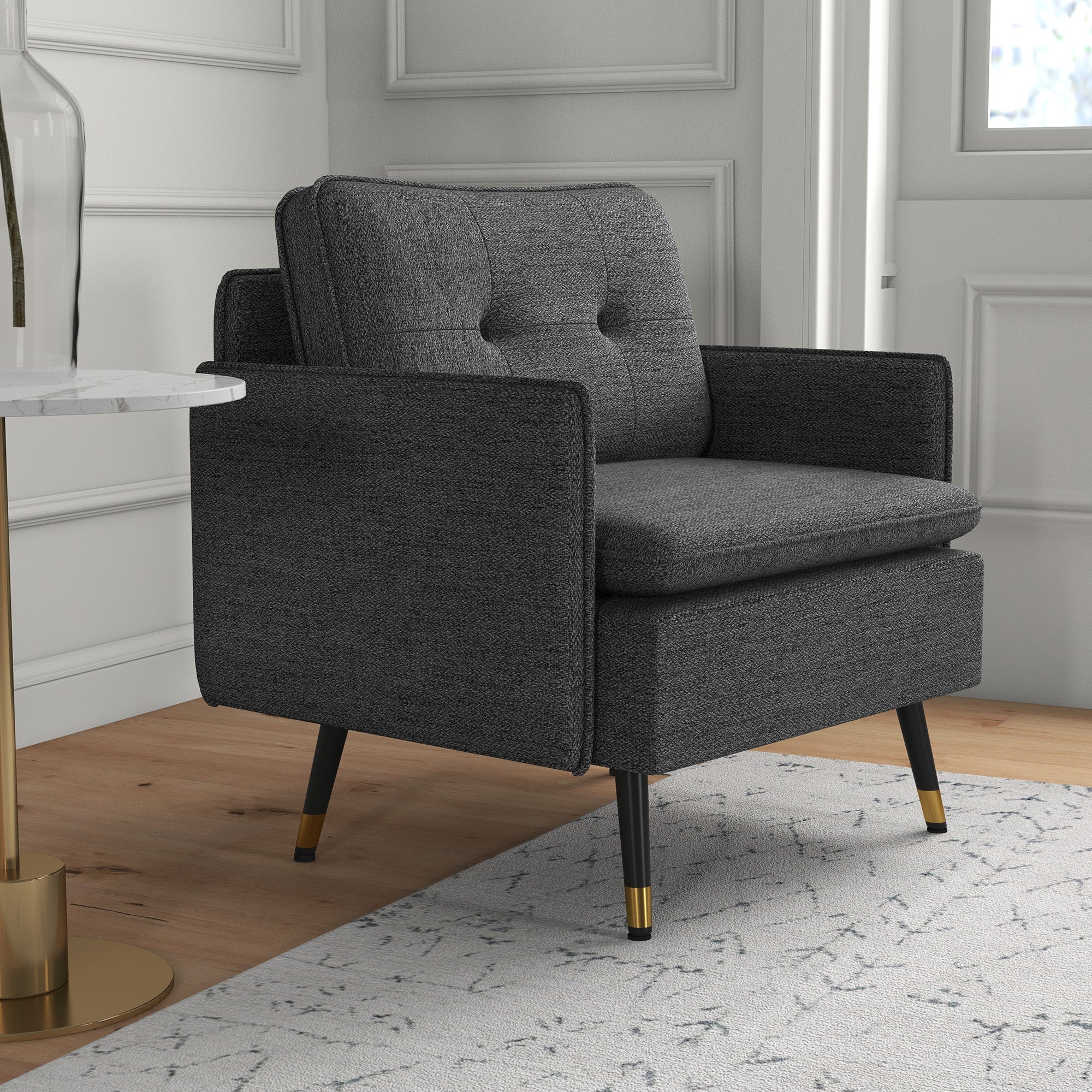 Fauteuil scandinave dossier capitonné avec passepoil en tissu 76 x 68 x 80 cm - gris et pieds en métal noir et doré