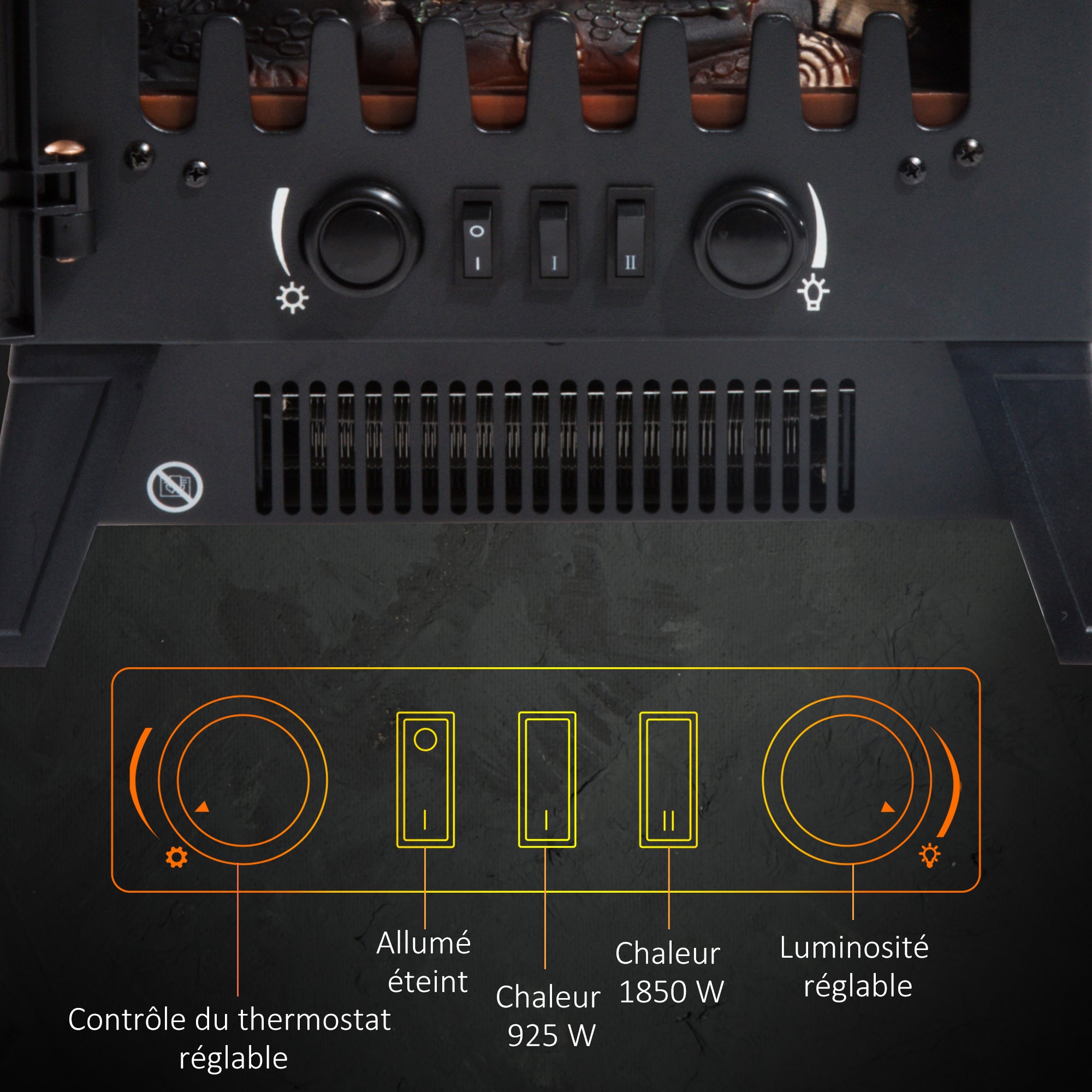 Cheminée électrique radiateur Imitation Flamme avec luminosité et réglable 925 W / 1850 W Porte métal Verre trempé Noir