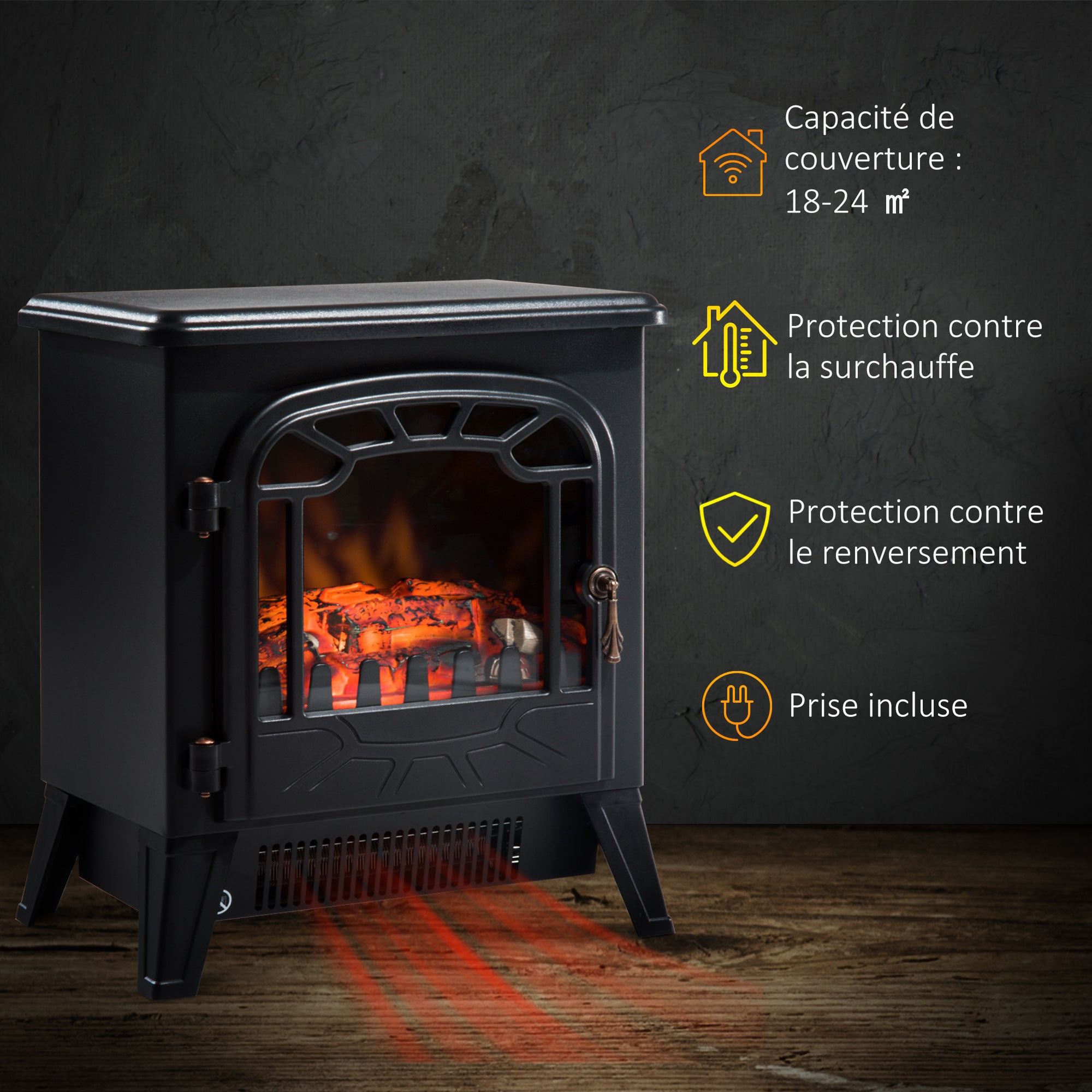 Cheminée électrique radiateur Imitation Flamme avec luminosité et réglable 925 W / 1850 W Porte métal Verre trempé Noir