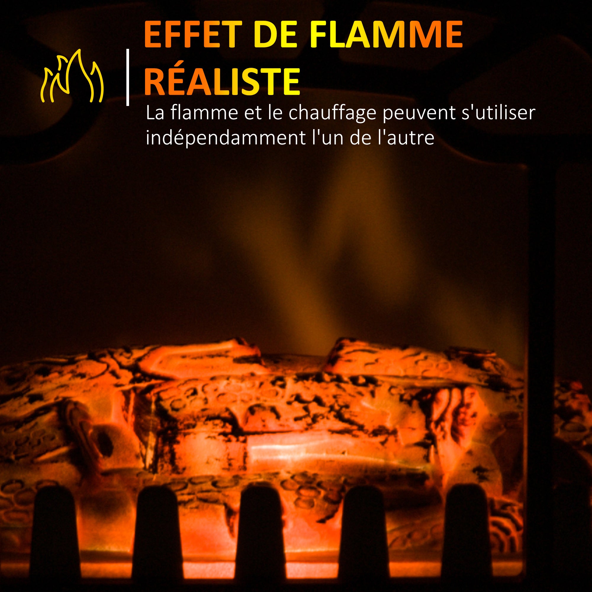 Cheminée électrique radiateur Imitation Flamme avec luminosité et réglable 925 W / 1850 W Porte métal Verre trempé Noir