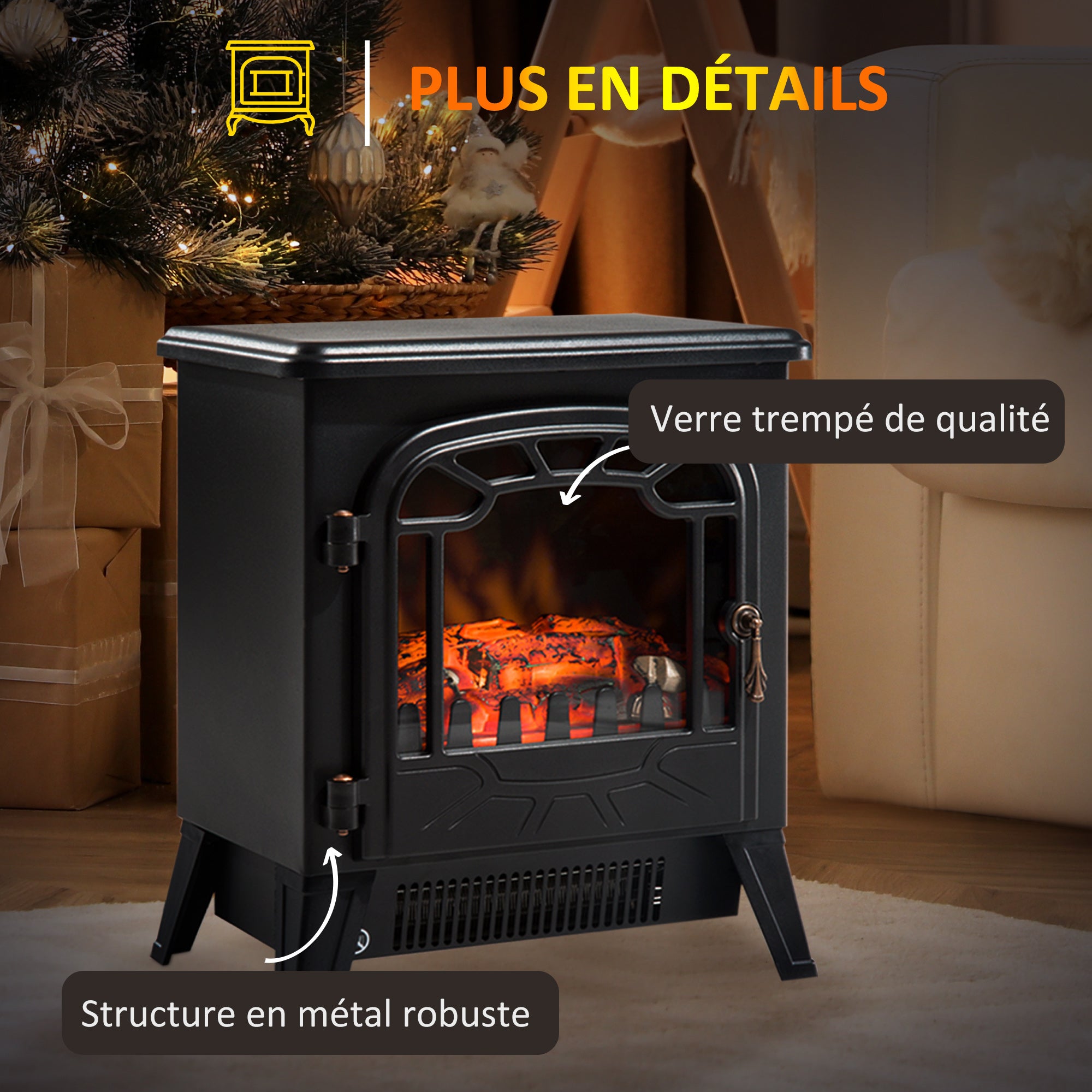 Cheminée électrique radiateur Imitation Flamme avec luminosité et réglable 925 W / 1850 W Porte métal Verre trempé Noir