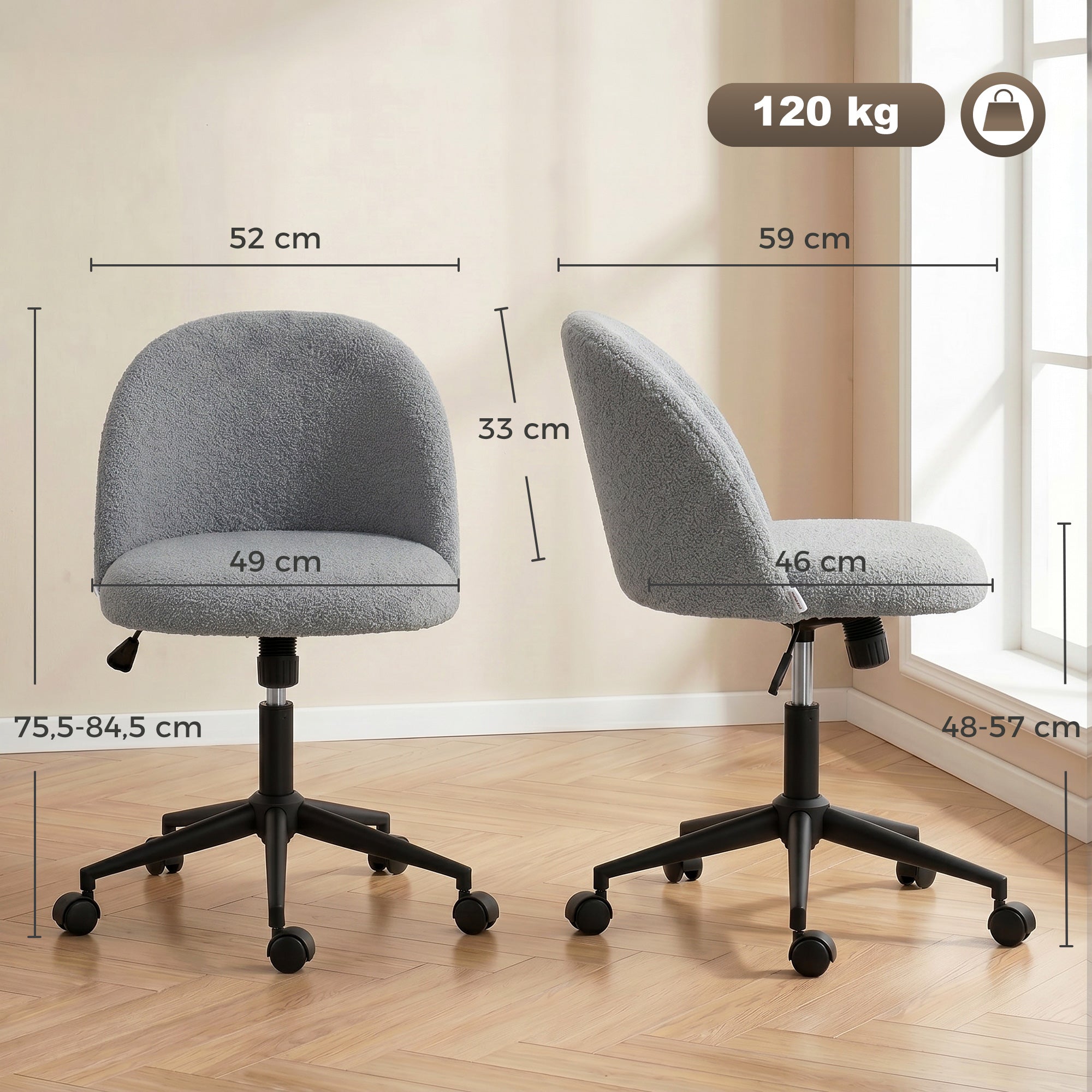 Chaise de Bureau Ergonomique, Fauteuil de Bureau Pivotant en Fourrure Teddy, Hauteur Réglable, Roulettes, Mousse Haute Résilience, Fonction de Bascule, pour Coiffeuse ou Maquillage, Gris