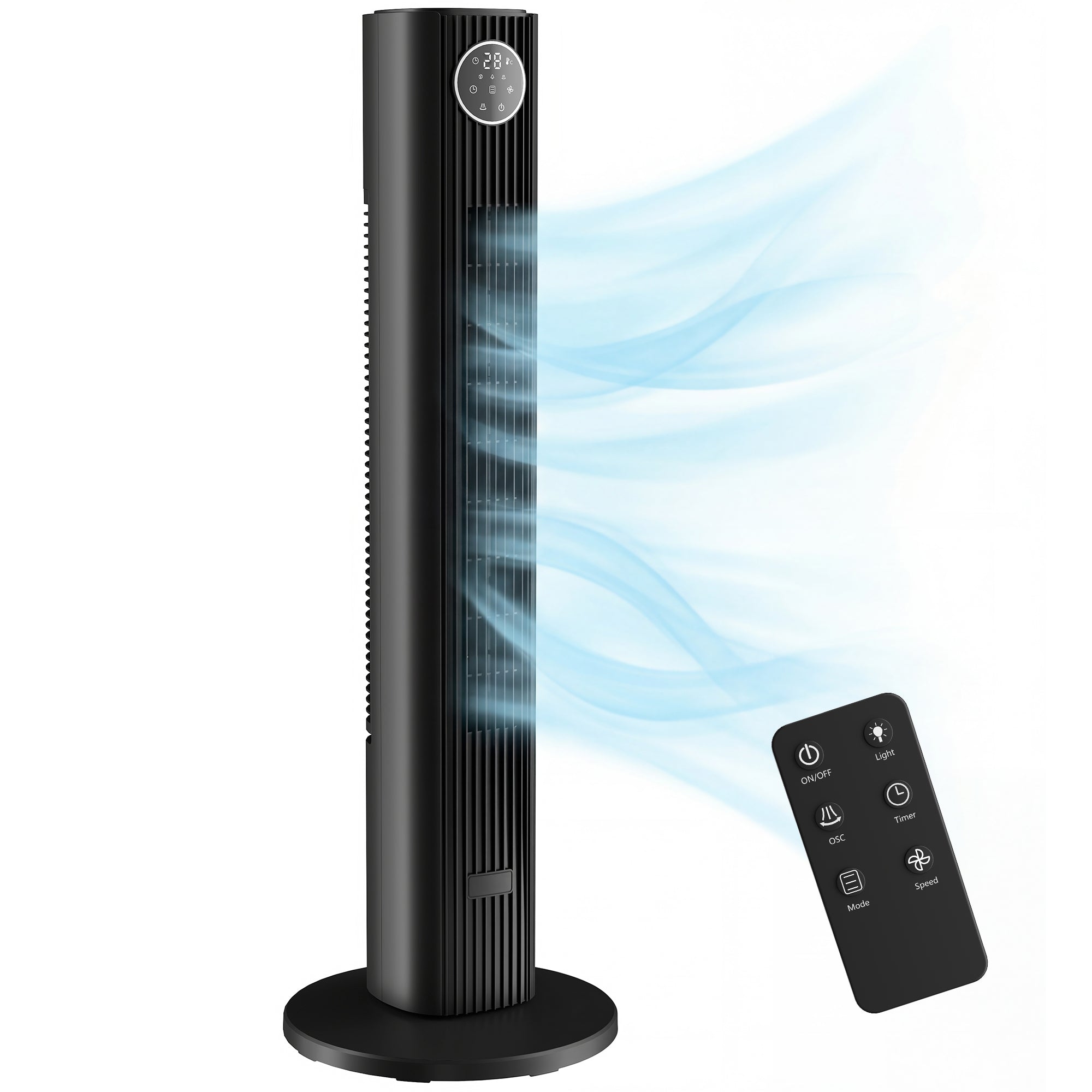 Ventilateur colonne silencieux 28dB, vitesse 8m/s, ventilateur tour pour chambre, 90,5cm de haut, oscillant à 80°, écran LED, télécommande, 12 vitesses, 4 modes, minuterie 12H, noir