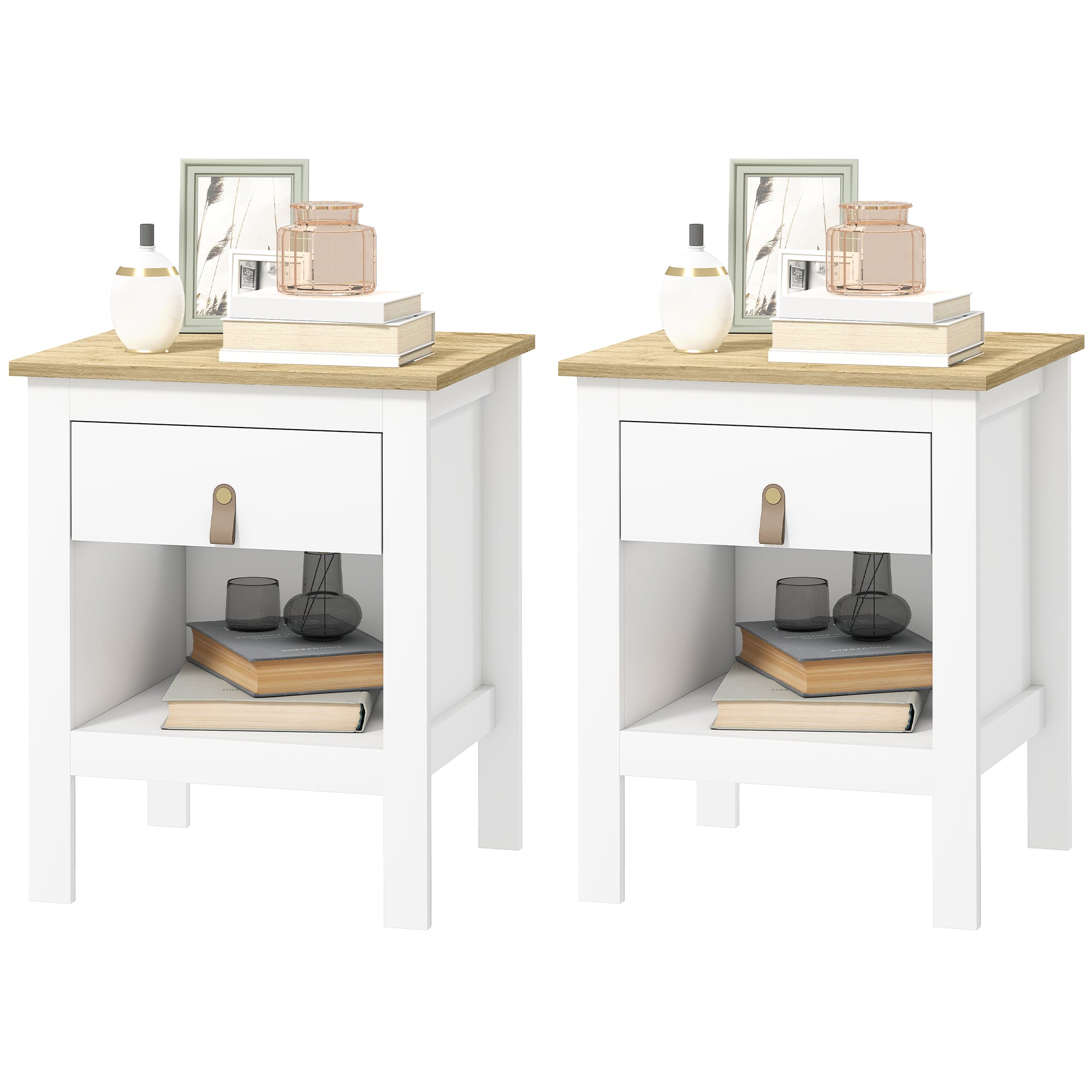 Lot de 2 tables de chevet table de nuit avec tiroir et compartiment ouvert, style moderne pour chambre à coucher, salon, 45 x 40 x 55 cm, blanc