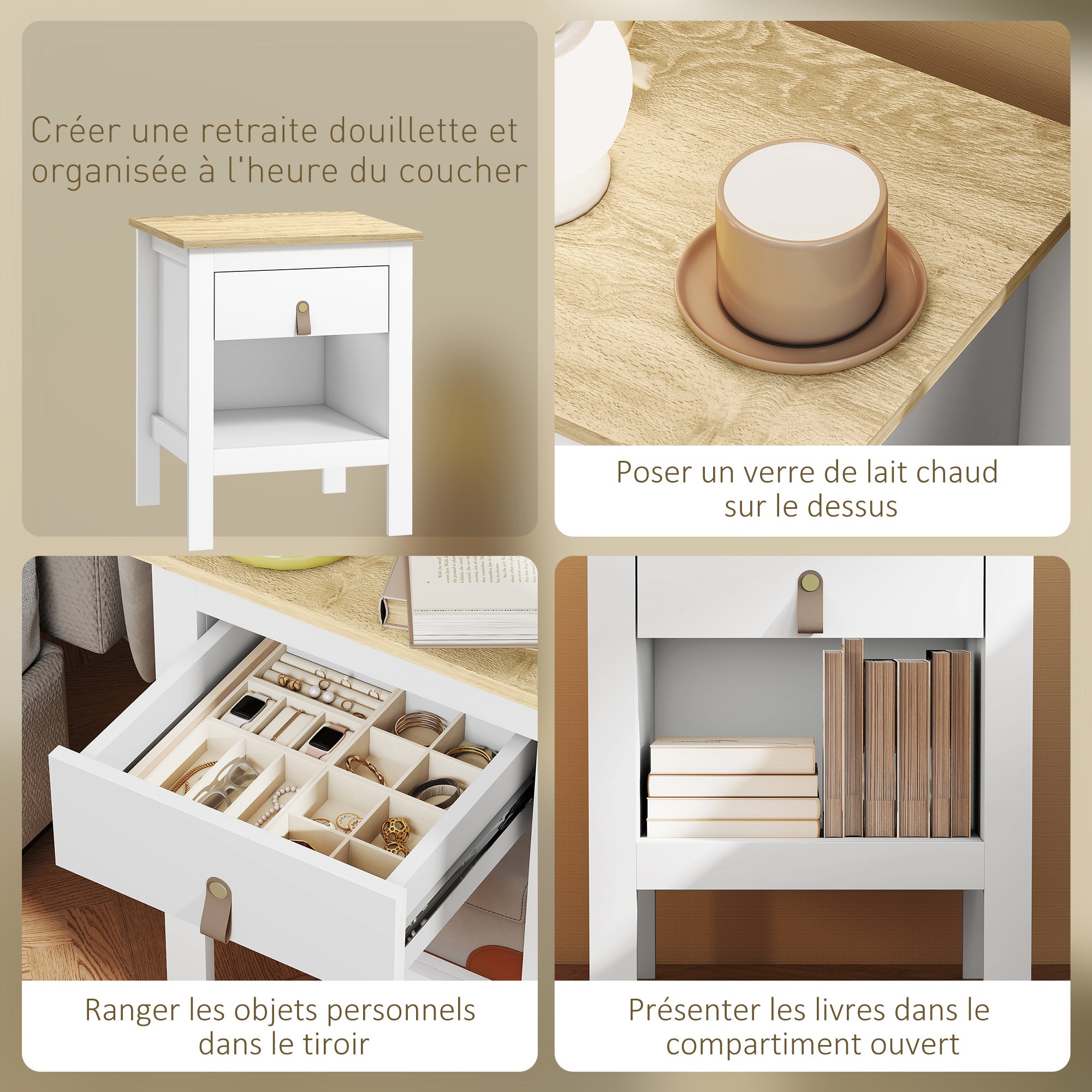 Lot de 2 tables de chevet table de nuit avec tiroir et compartiment ouvert, style moderne pour chambre à coucher, salon, 45 x 40 x 55 cm, blanc