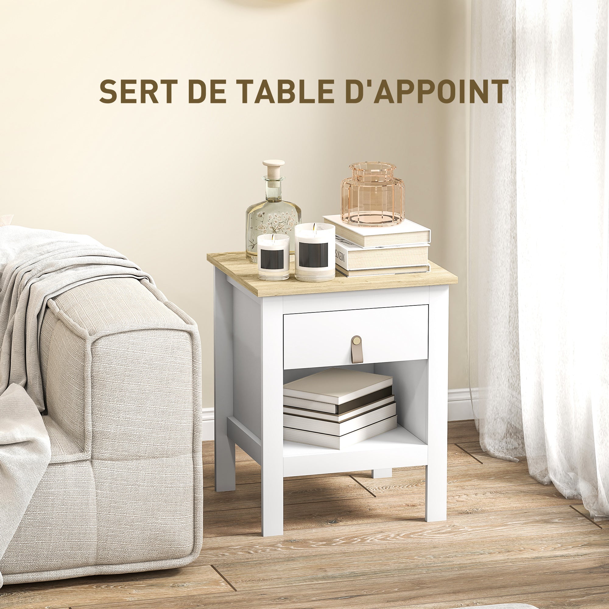 Lot de 2 tables de chevet table de nuit avec tiroir et compartiment ouvert, style moderne pour chambre à coucher, salon, 45 x 40 x 55 cm, blanc