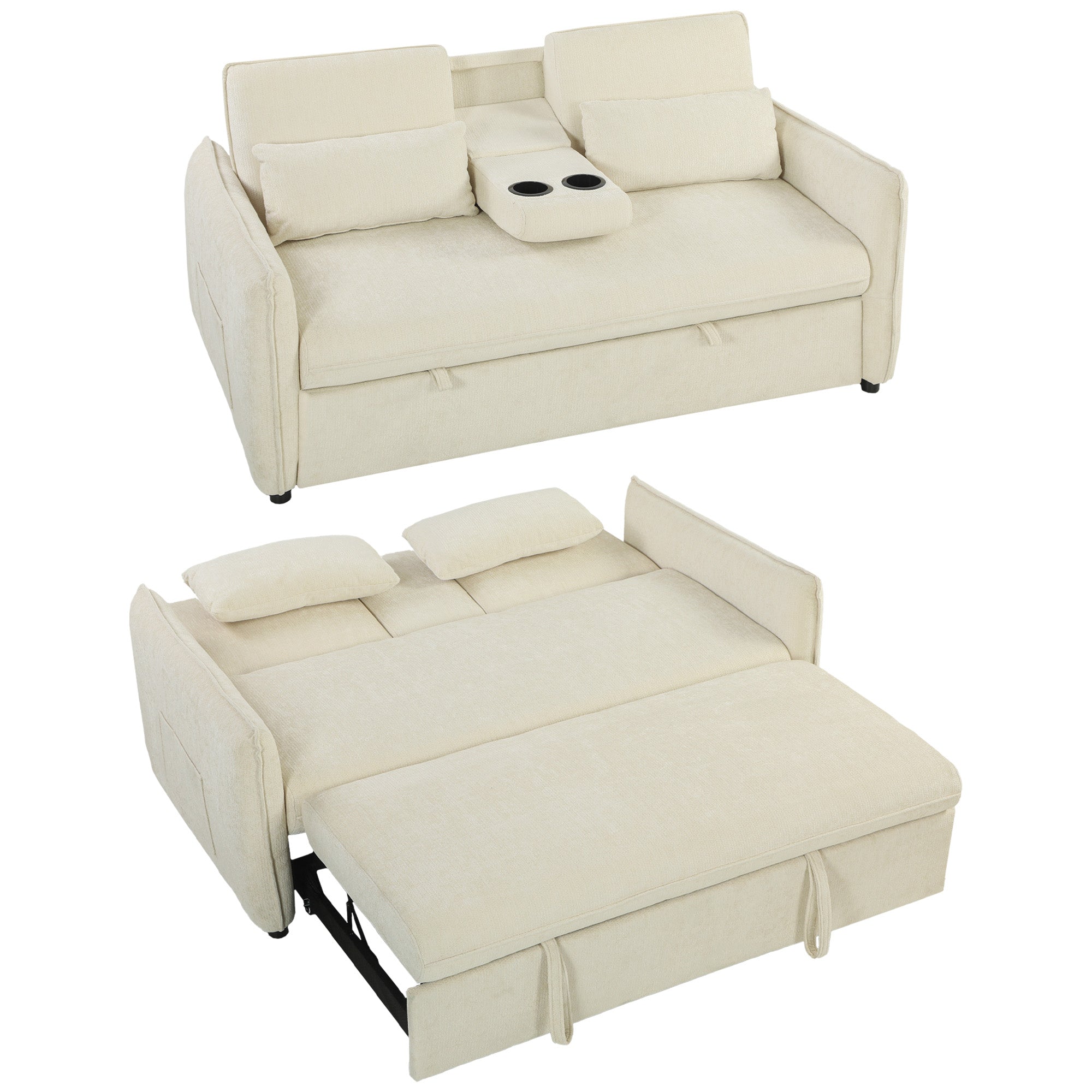 Canapé convertible 2 places 3 en 1, canapé-lit clic clac en chenille avec dossier réglable, porte-gobelets, poches latérales, 2 coussins, pour salon, chambre d'amis, petit espace, beige