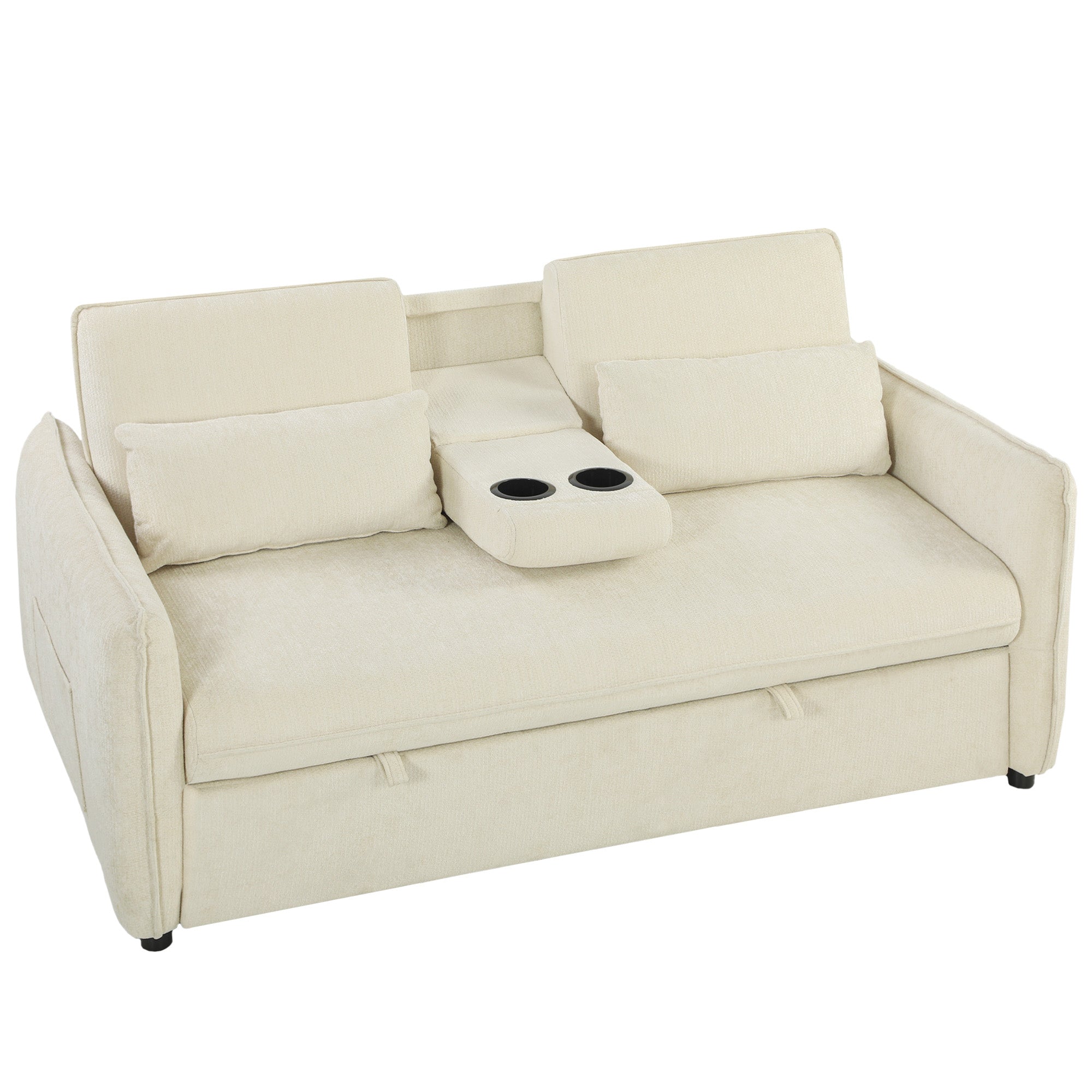 Canapé convertible 2 places 3 en 1, canapé-lit clic clac en chenille avec dossier réglable, porte-gobelets, poches latérales, 2 coussins, pour salon, chambre d'amis, petit espace, beige