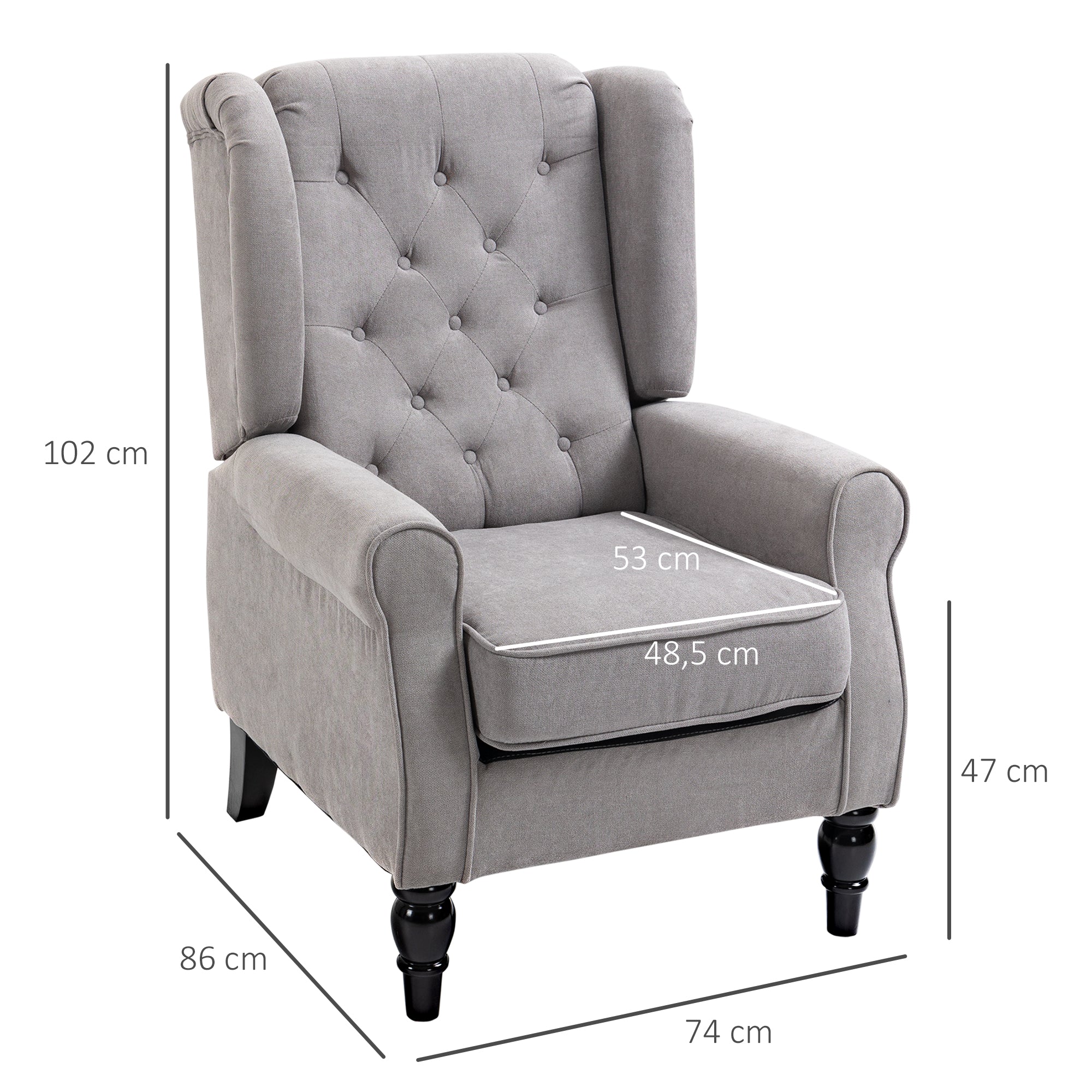 Fauteuil de salon fauteuil capitonné avec assise large, pieds en bois, style classique, grand confort, 74 x 86 x 102 cm, gris