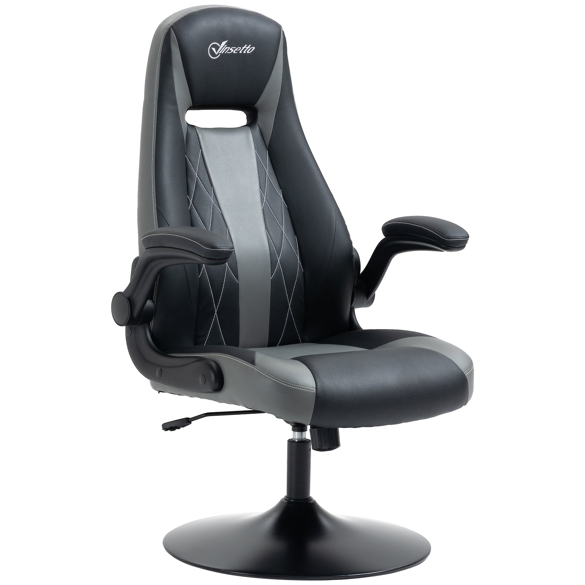 Chaise de gaming ergonomique avec base ronde métal pivotante 360° hauteur réglable têtière accoudoirs relevables PVC gris noir