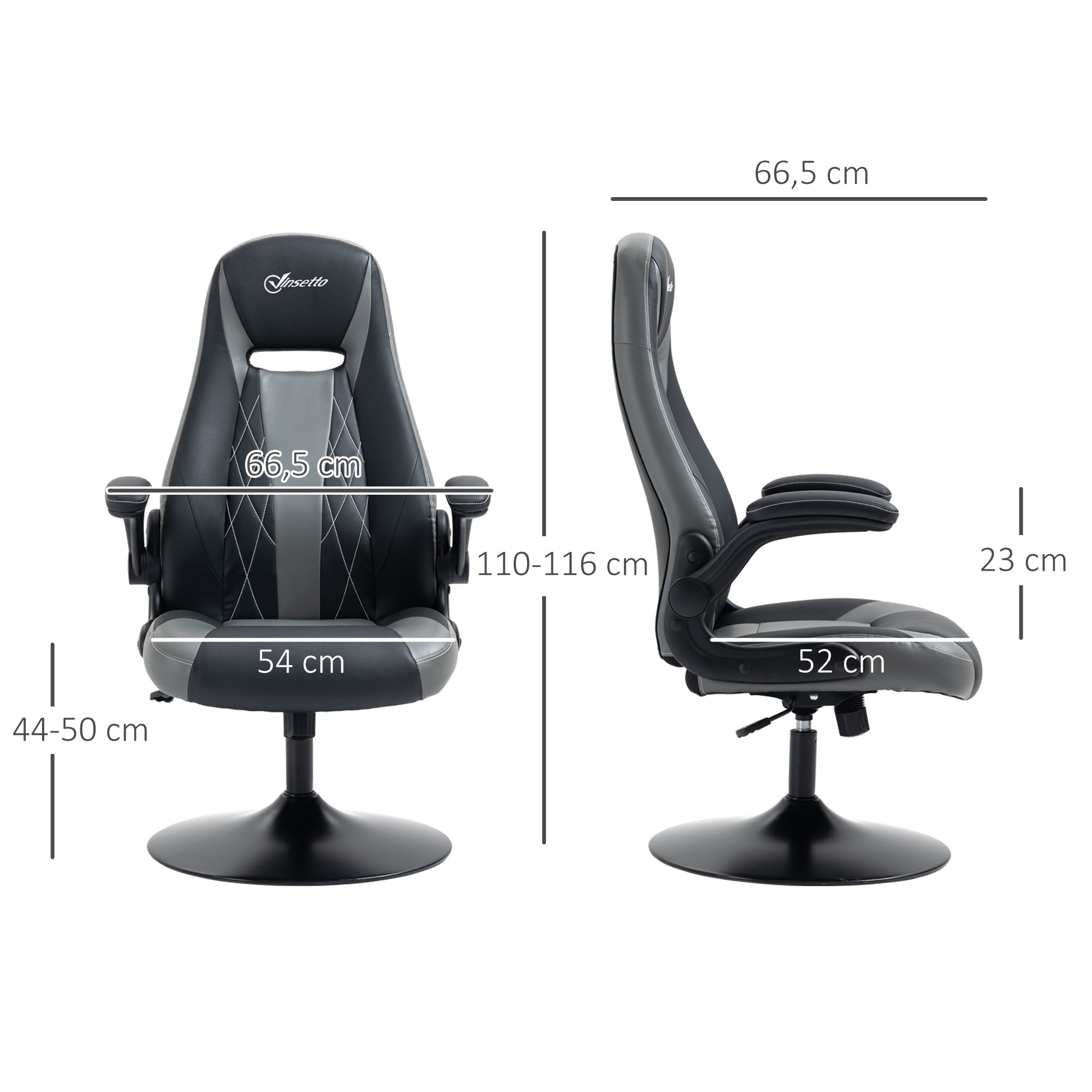 Chaise de gaming ergonomique avec base ronde métal pivotante 360° hauteur réglable têtière accoudoirs relevables PVC gris noir