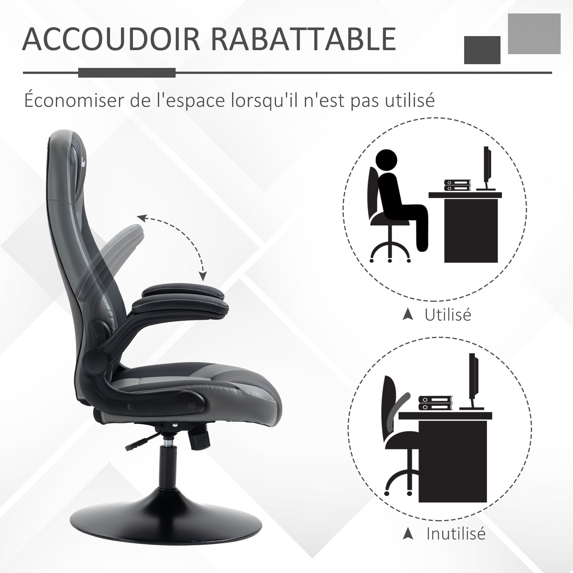 Chaise de gaming ergonomique avec base ronde métal pivotante 360° hauteur réglable têtière accoudoirs relevables PVC gris noir