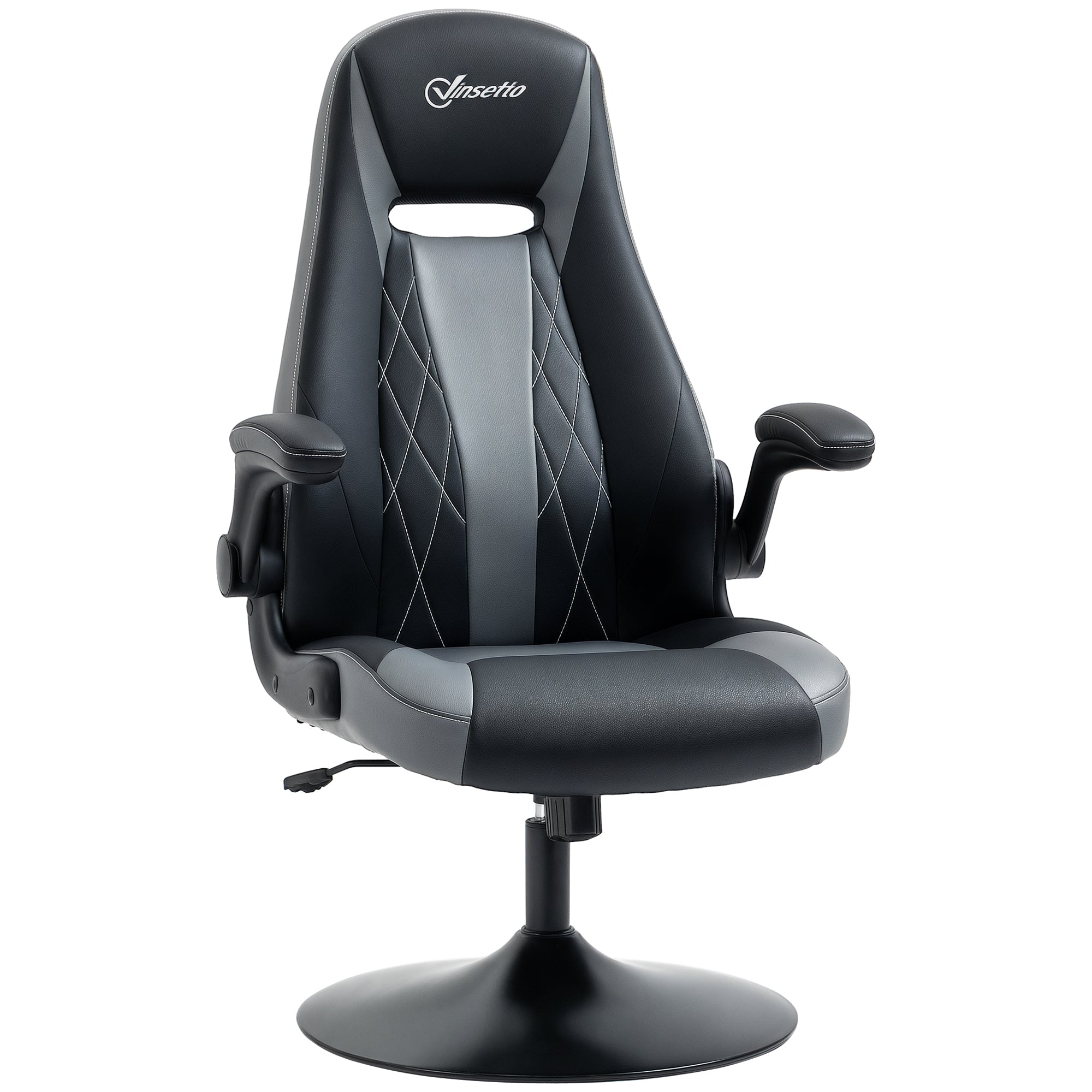 Chaise de gaming ergonomique avec base ronde métal pivotante 360° hauteur réglable têtière accoudoirs relevables PVC gris noir