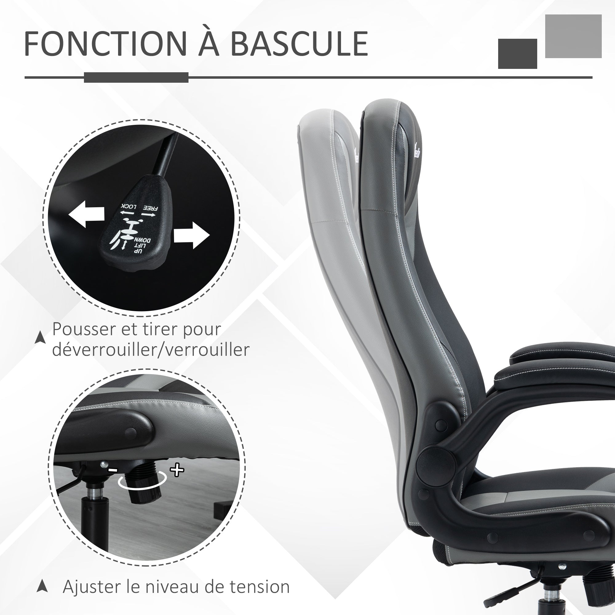 Chaise de gaming ergonomique avec base ronde métal pivotante 360° hauteur réglable têtière accoudoirs relevables PVC gris noir