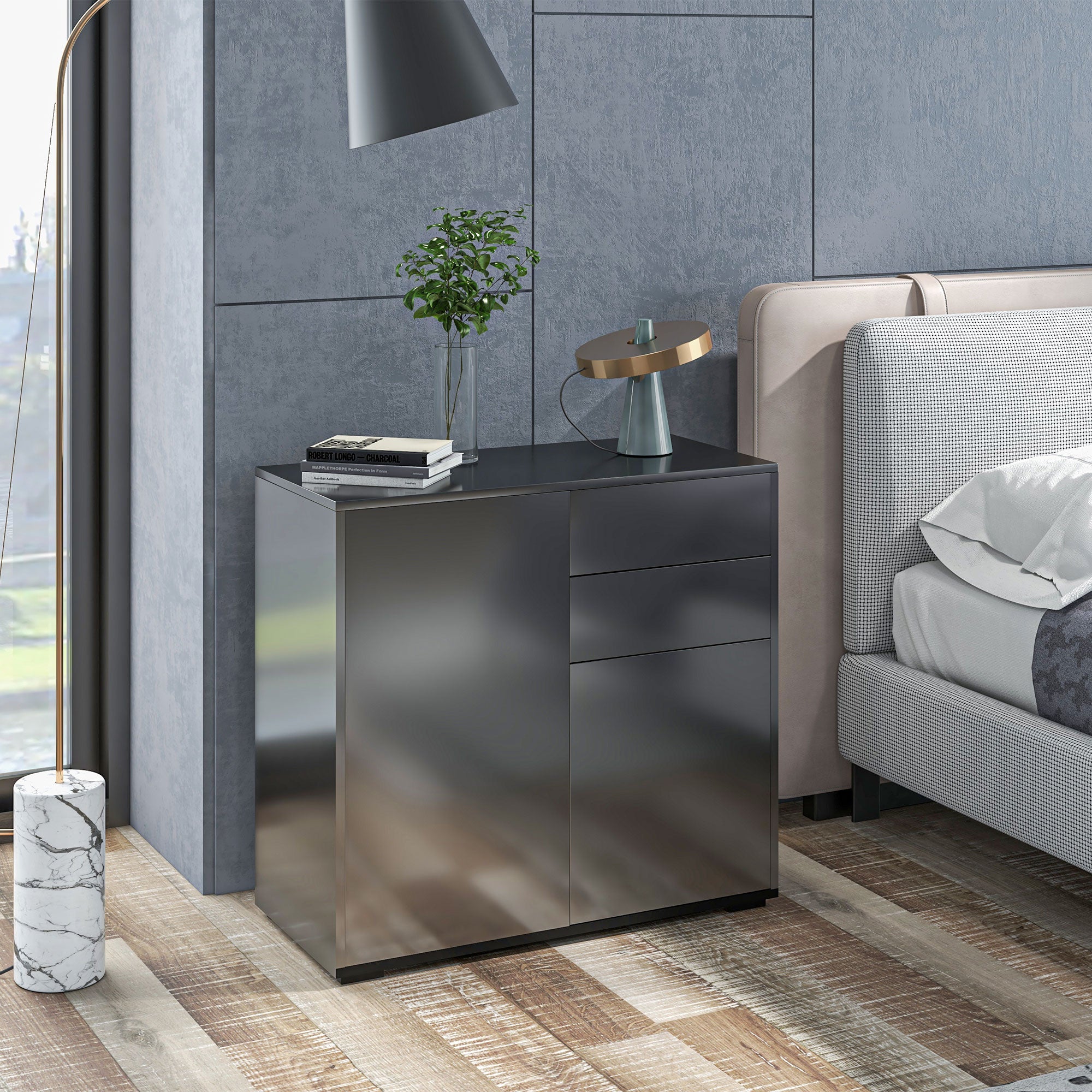 Meuble de rangement buffet commode armoire de rangement avec 2 tiroirs et 2 placards à portes, étagères réglables, pour salon, cuisine, chambre, 79 x 36 x 74 cm noir brillant