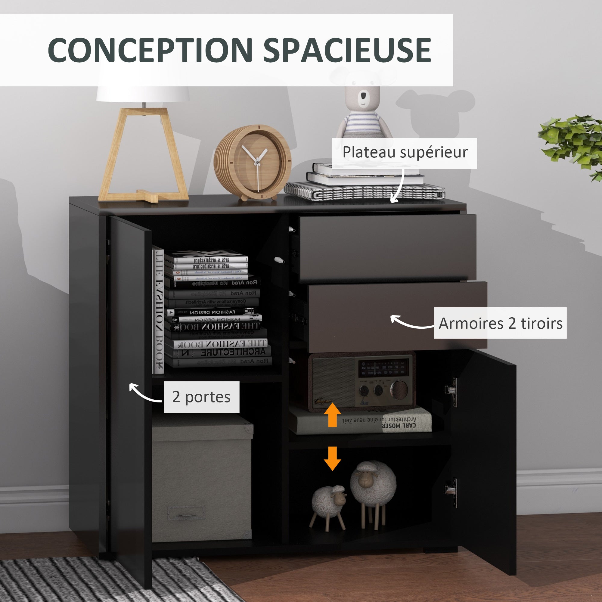 Meuble de rangement buffet commode armoire de rangement avec 2 tiroirs et 2 placards à portes, étagères réglables, pour salon, cuisine, chambre, 79 x 36 x 74 cm noir brillant