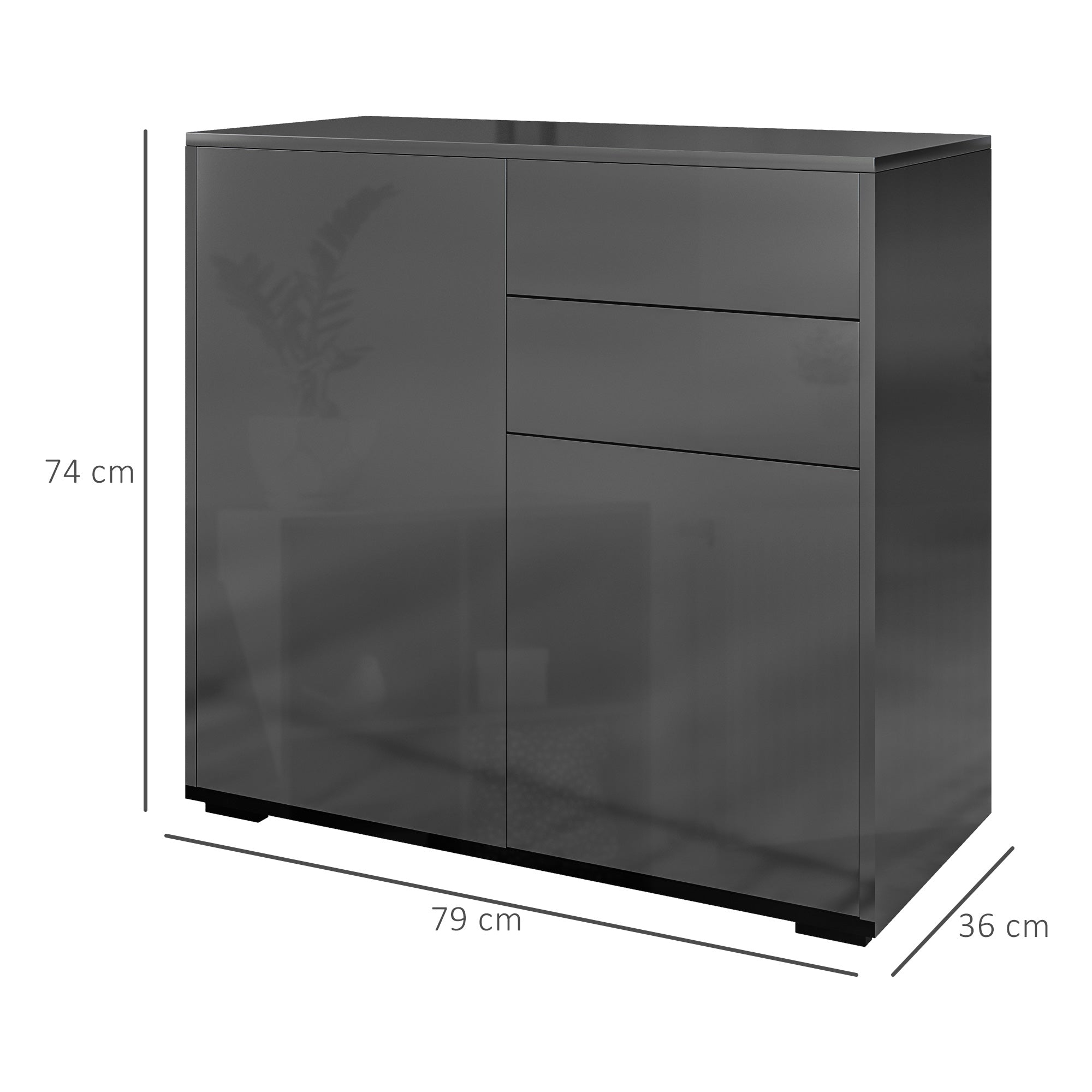 Meuble de rangement buffet commode armoire de rangement avec 2 tiroirs et 2 placards à portes, étagères réglables, pour salon, cuisine, chambre, 79 x 36 x 74 cm noir brillant