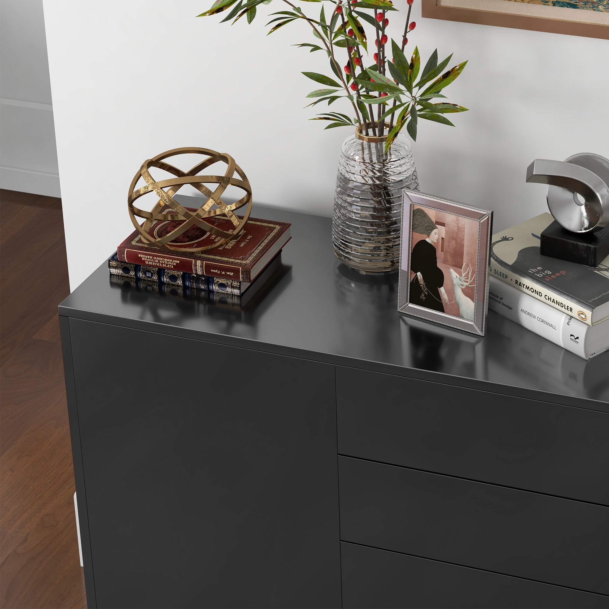 Meuble de rangement buffet commode armoire de rangement avec 2 tiroirs et 2 placards à portes, étagères réglables, pour salon, cuisine, chambre, 79 x 36 x 74 cm noir brillant