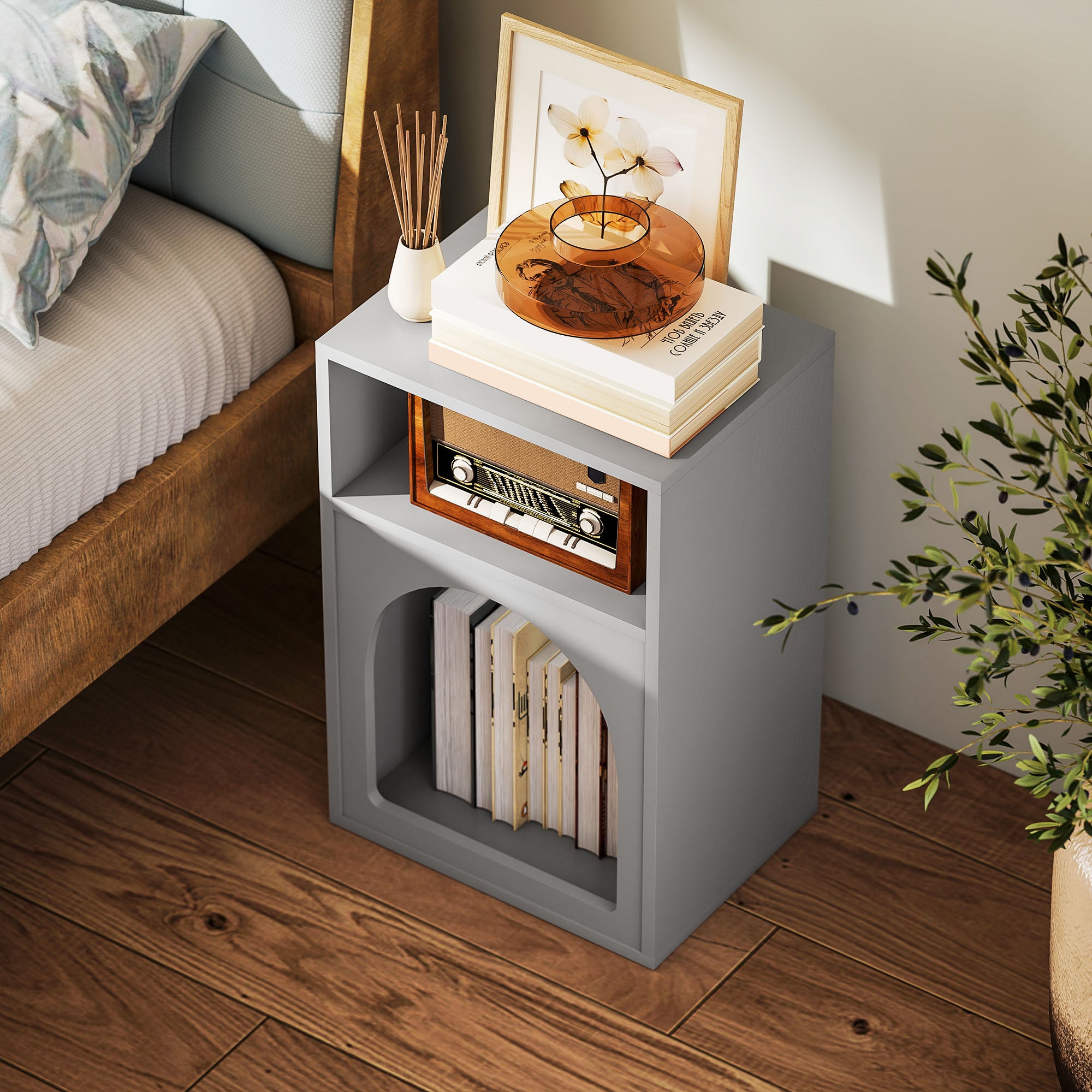 Lot de 2 tables de chevet, table de nuit avec compartiments ouverts, design arqué, chevet de lit pour chambre à coucher, salon, 40 x 30 x 60 cm, gris