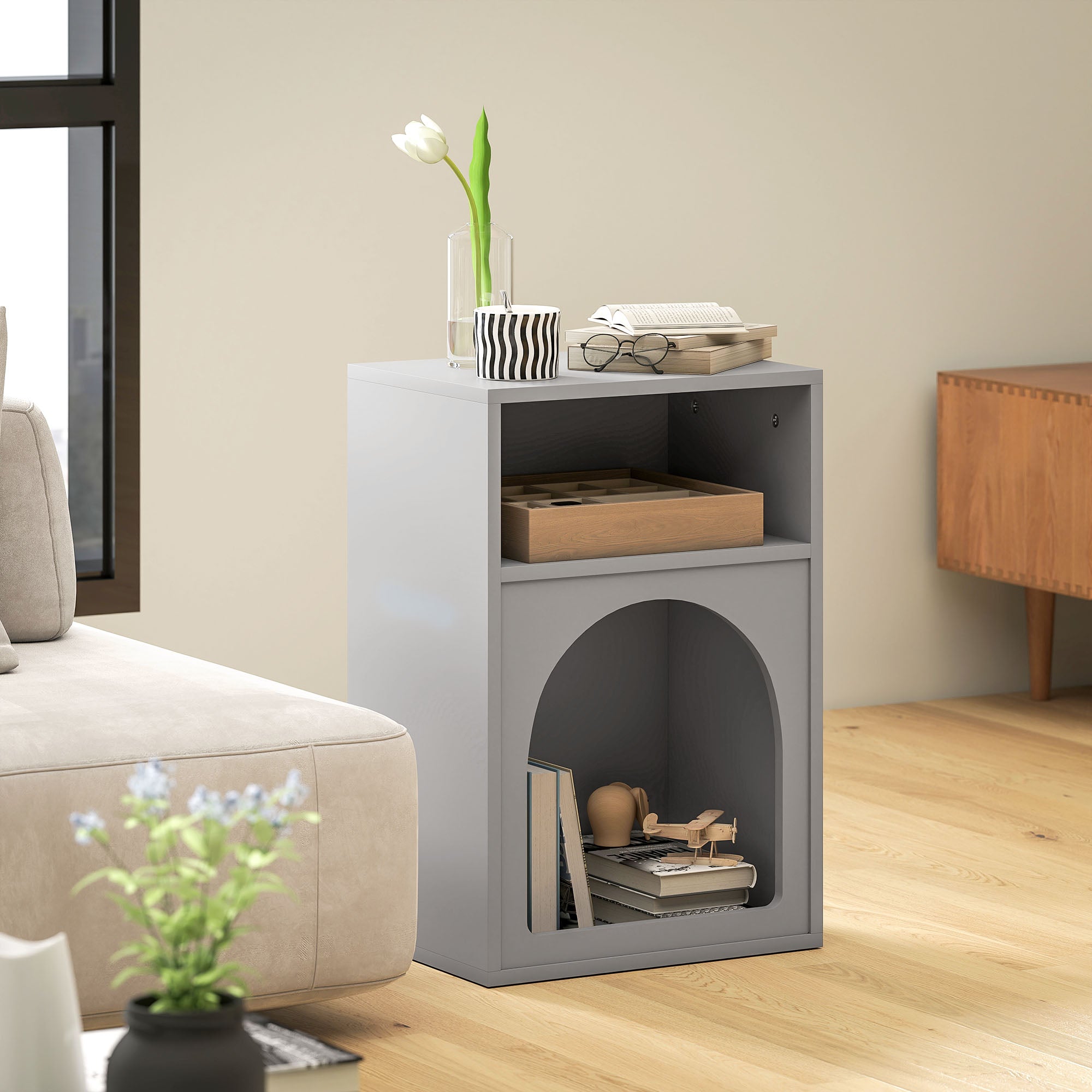 Lot de 2 tables de chevet, table de nuit avec compartiments ouverts, design arqué, chevet de lit pour chambre à coucher, salon, 40 x 30 x 60 cm, gris