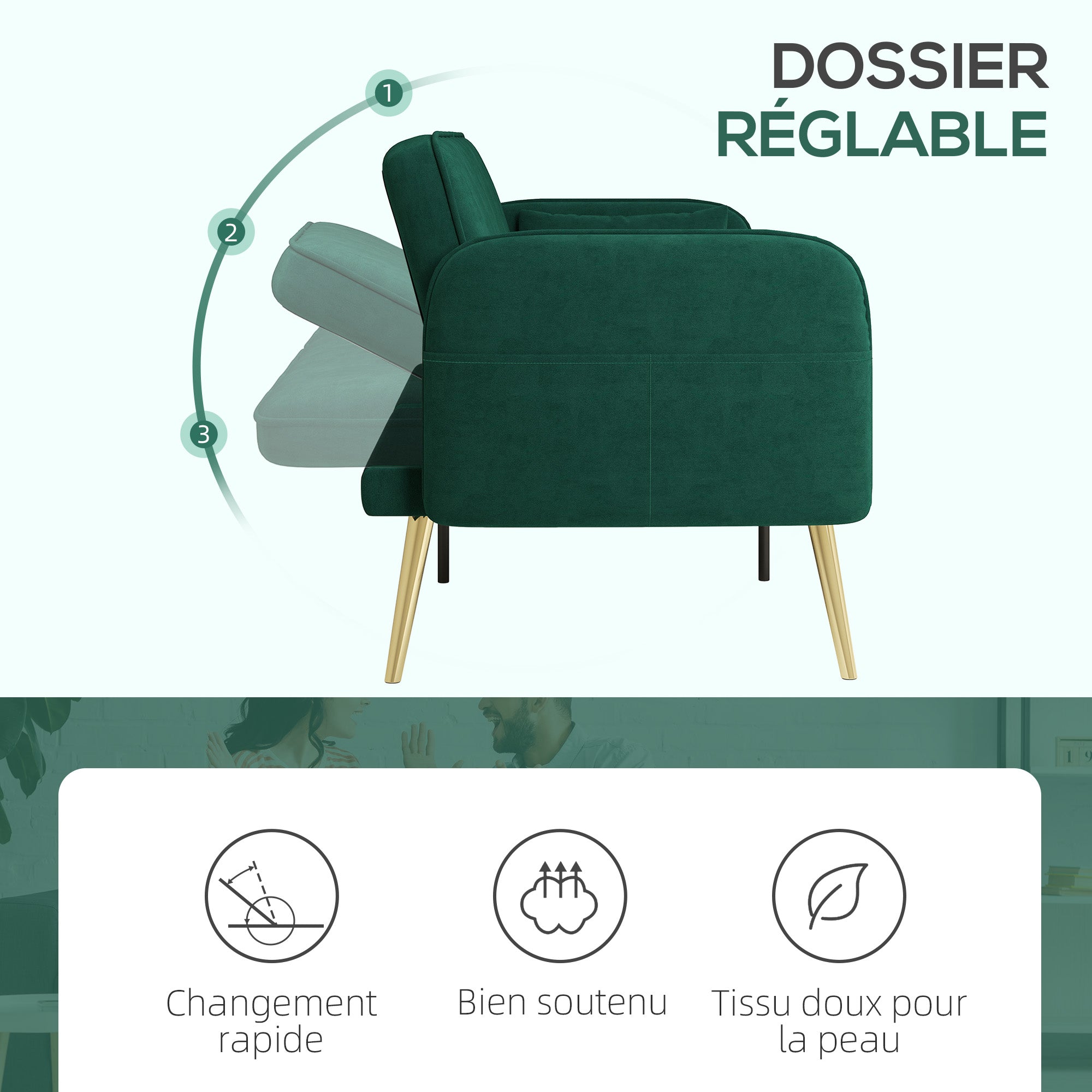 Canapé convertible 2 places canapé-lit canapé clic-clac en tissu velours avec dossier réglable et coussins pour salon, chambre d'amis, vert foncé