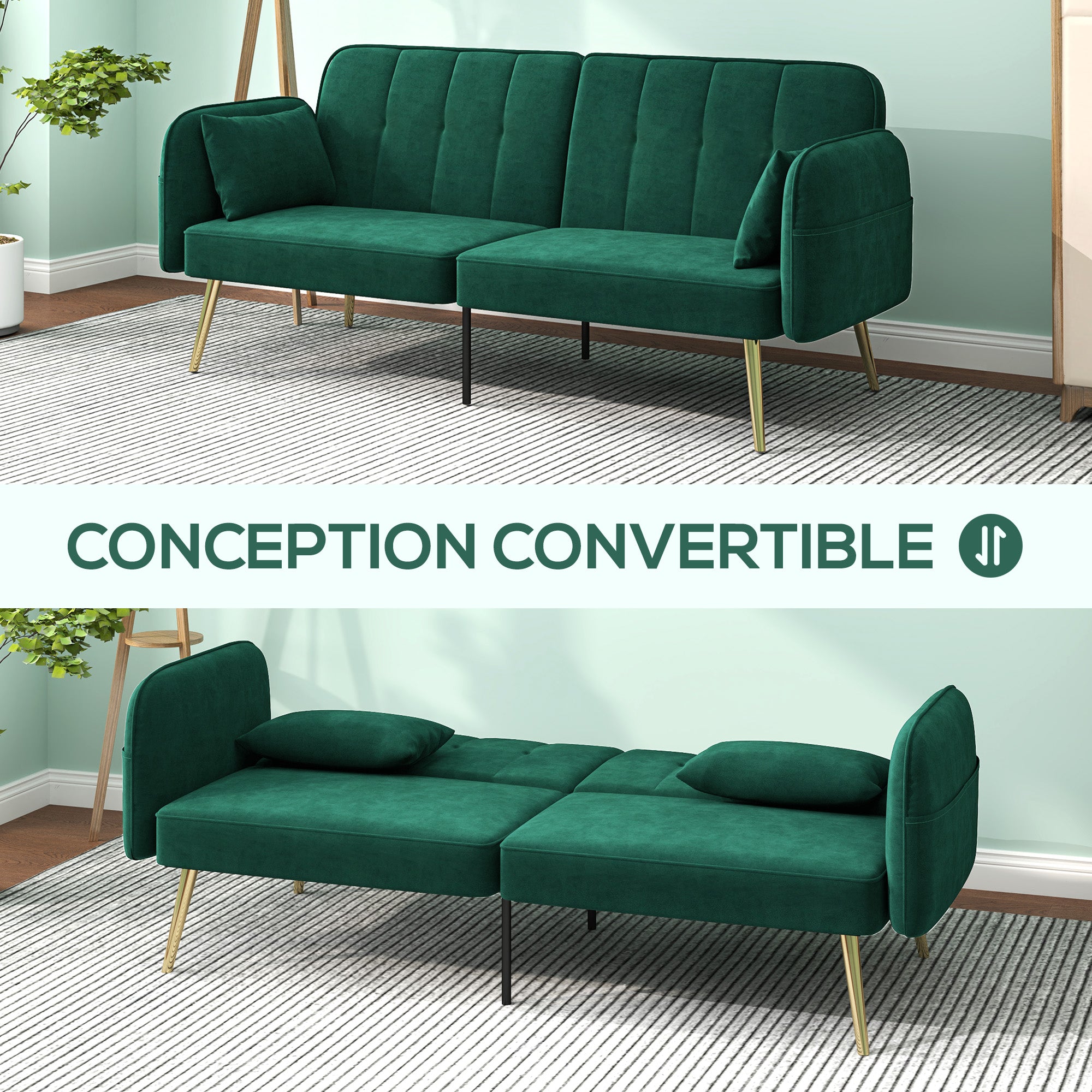 Canapé convertible 2 places canapé-lit canapé clic-clac en tissu velours avec dossier réglable et coussins pour salon, chambre d'amis, vert foncé