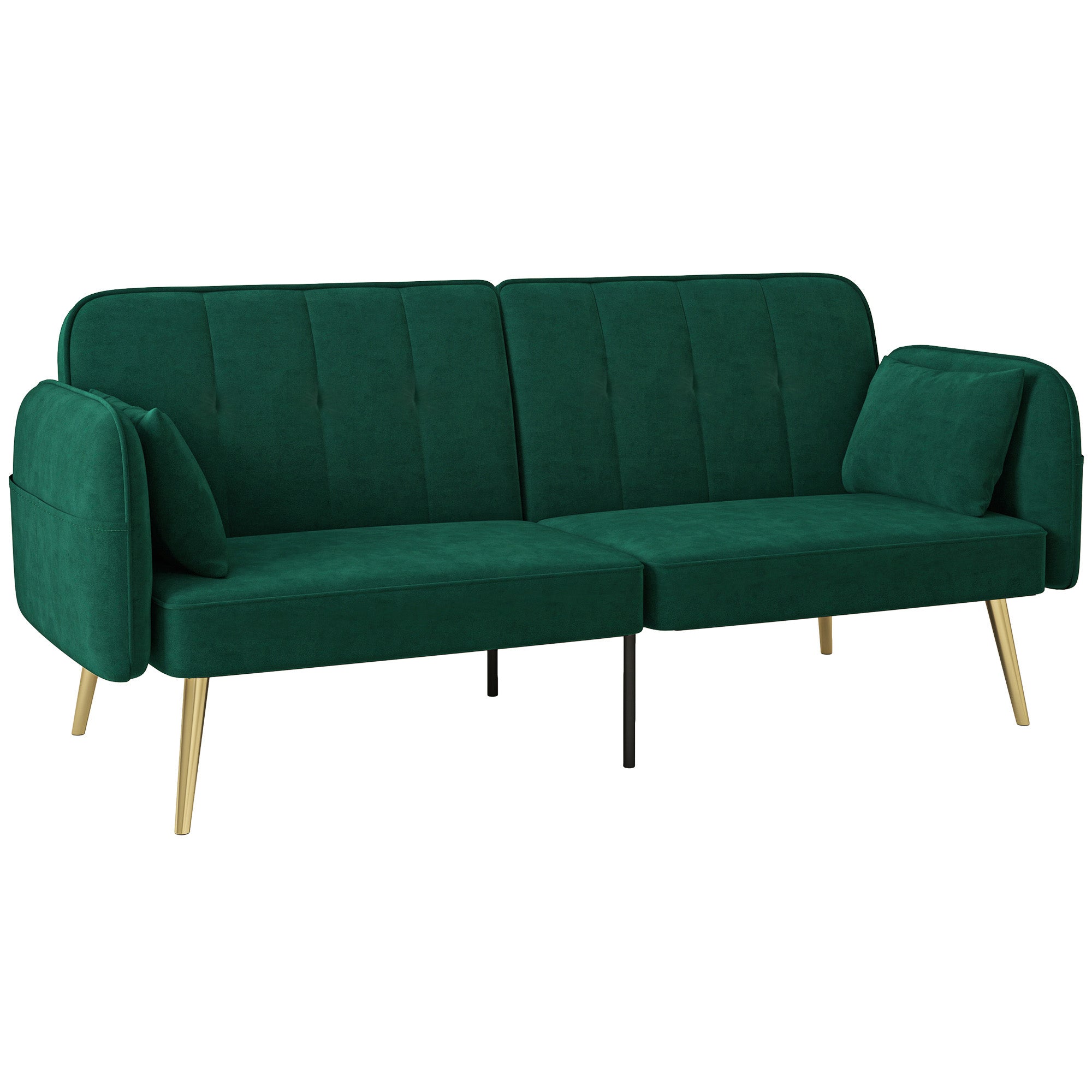 Canapé convertible 2 places canapé-lit canapé clic-clac en tissu velours avec dossier réglable et coussins pour salon, chambre d'amis, vert foncé