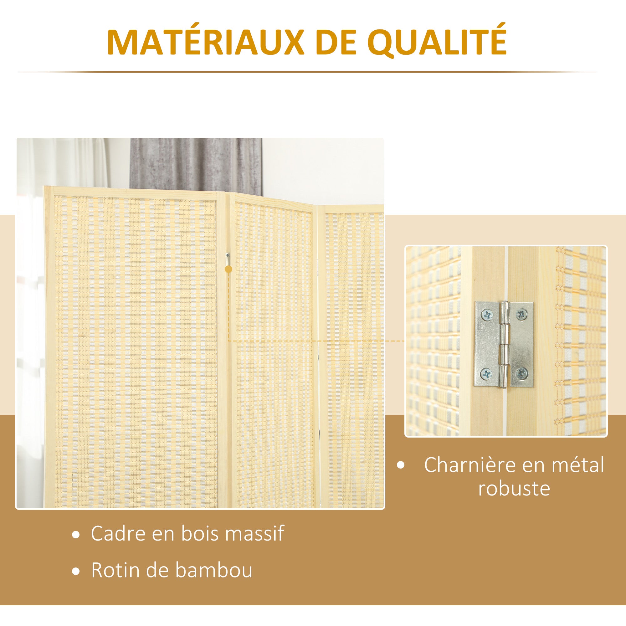 Paravent interieur en bois 3 panneaux 135 x 180 cm séparateur de pièce pliable cloison de séparation pour salon chambre à coucher maison, bois naturel