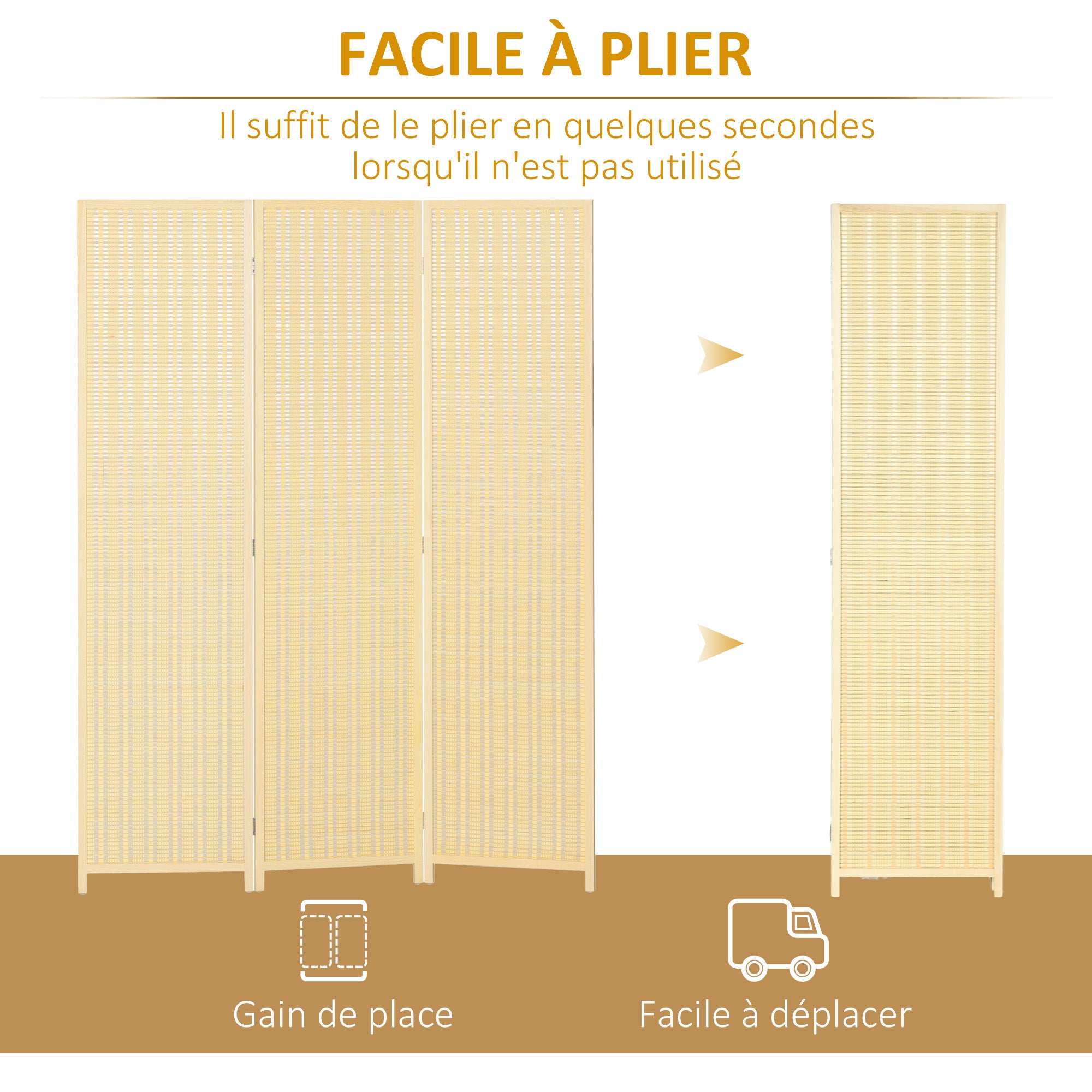 Paravent interieur en bois 3 panneaux 135 x 180 cm séparateur de pièce pliable cloison de séparation pour salon chambre à coucher maison, bois naturel