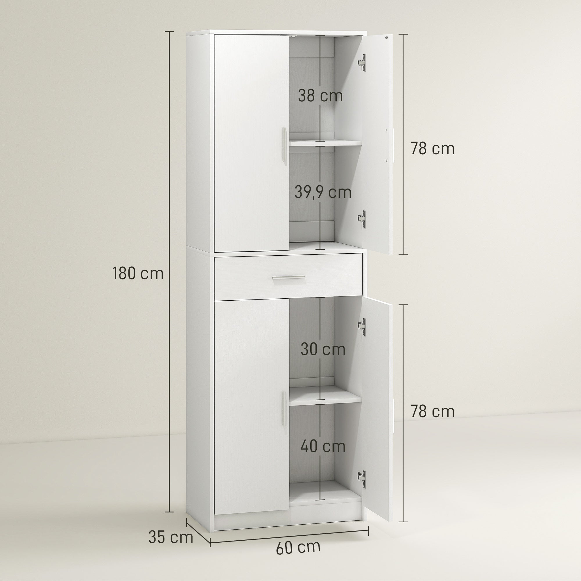 Armoire de cuisine buffet cuisine style moderne vaisselier avec placards à portes, étagères réglables et tiroir, meuble de rangement pour salle à manger, salon, 60 x 35 x 180 cm, blanc