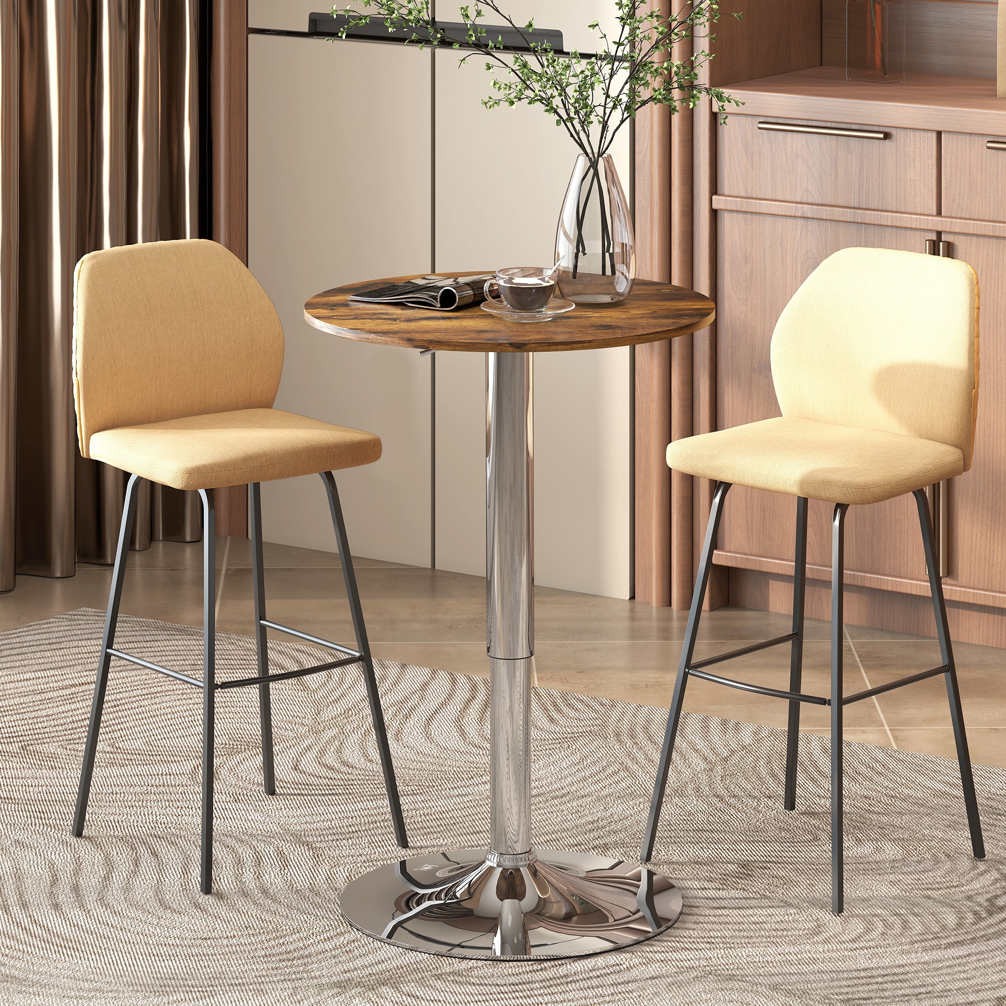 Table de Bar Table Bistro Mange-debout Chic Style Contemporain Hauteur réglable 67-93 cm Ø 60 cm Plateau pivotant 360° métal chromé marron