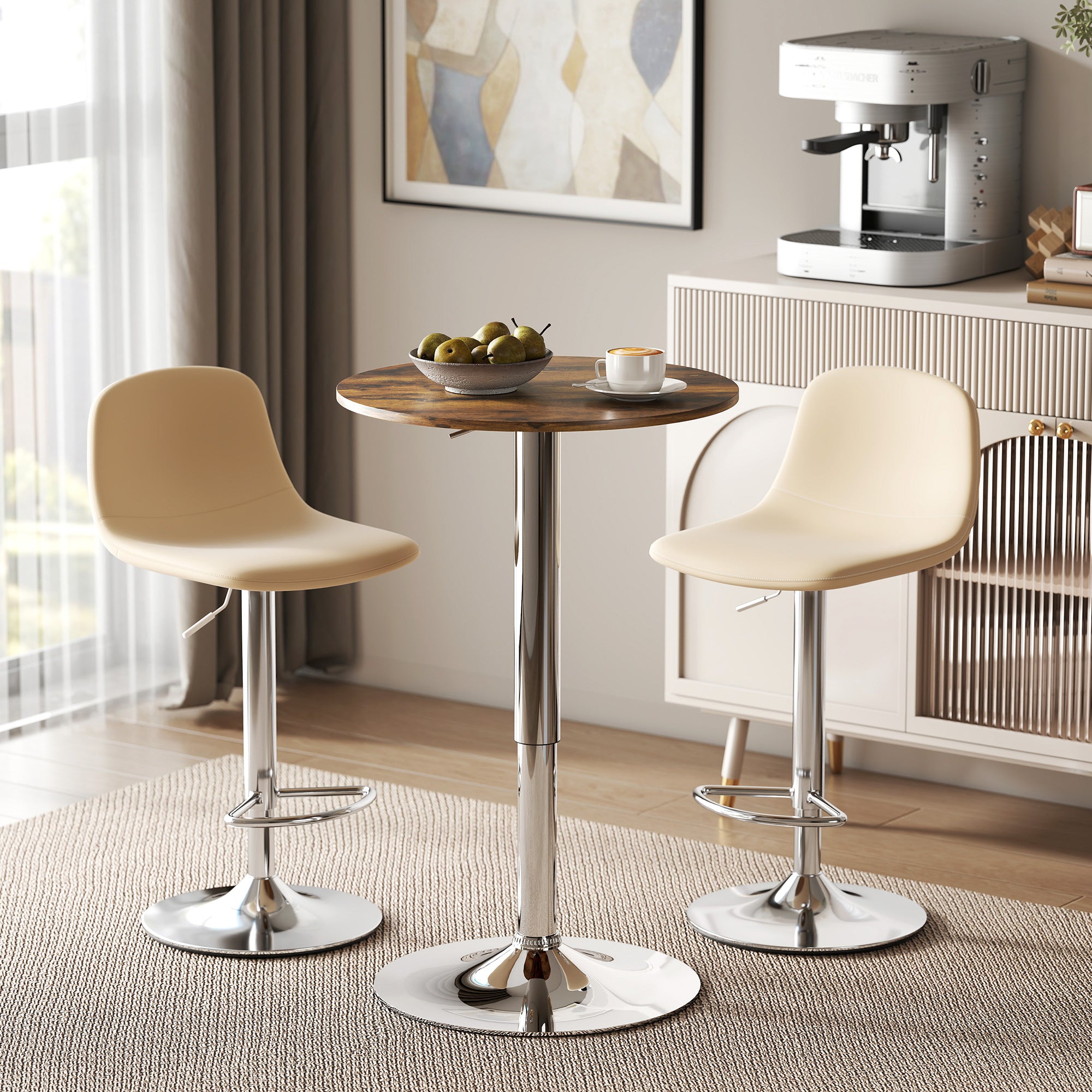 Table de Bar Table Bistro Mange-debout Chic Style Contemporain Hauteur réglable 67-93 cm Ø 60 cm Plateau pivotant 360° métal chromé marron