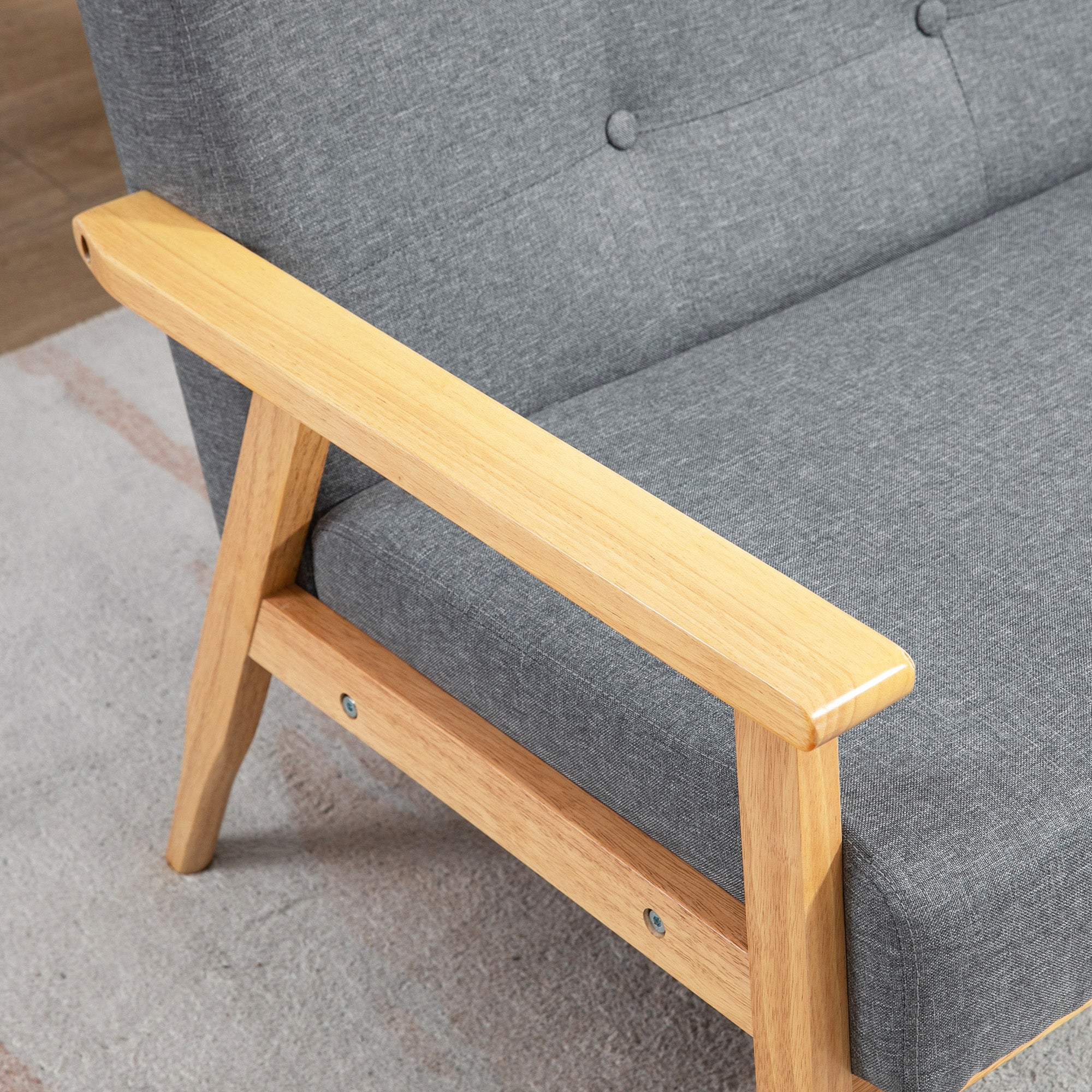 Canapé 3 places 154,5, canapé scandinave avec dossier capitonné, assise rembourrée et accoudoirs, pieds en bois d'hévéa, pour salon, chambre, petit espace, gris