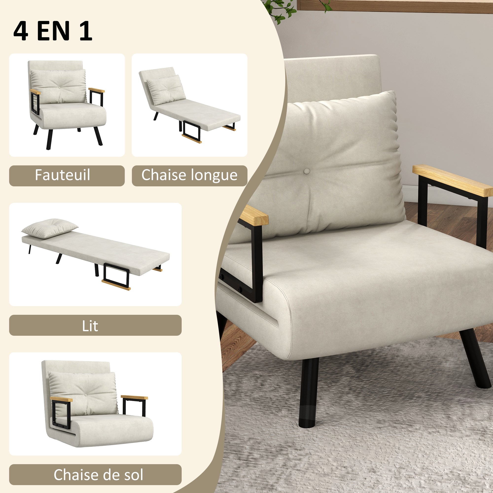 Fauteuil convertible 1 place chauffeuse 4 en 1 canapé convertible fauteuil lit avec dossier réglable en 5 positions, coussin inclus, canapé-lit 1 place pour invités, salon, charge 120 kg crème