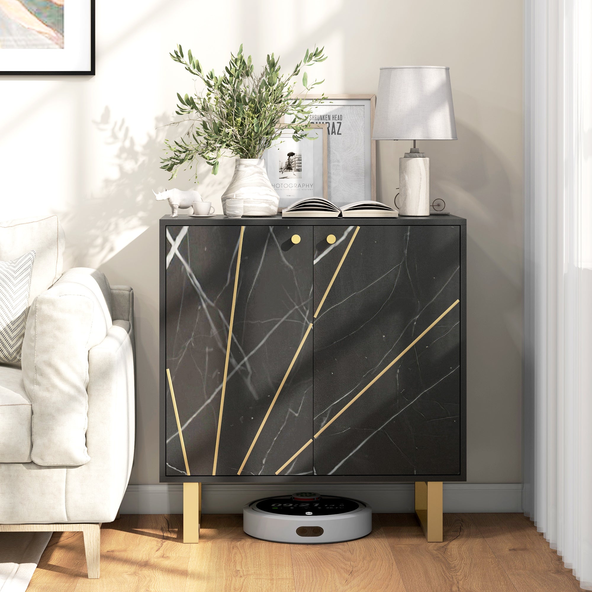 Meuble de rangement buffet salon avec 1 placard 2 portes et étagère réglable, pieds en métal - dim. 76L x 35l x 77H cm, aspect marbre noir