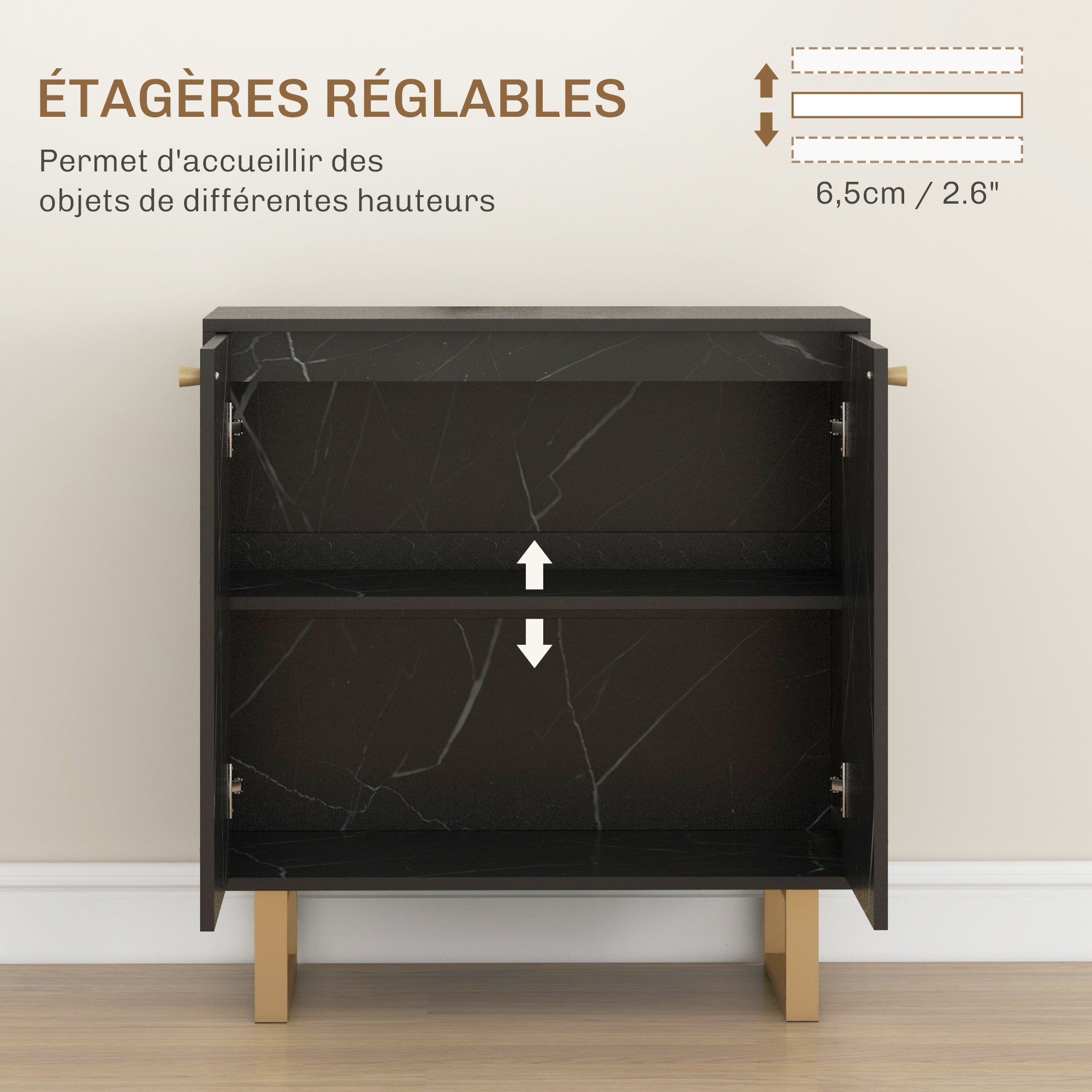 Meuble de rangement buffet salon avec 1 placard 2 portes et étagère réglable, pieds en métal - dim. 76L x 35l x 77H cm, aspect marbre noir