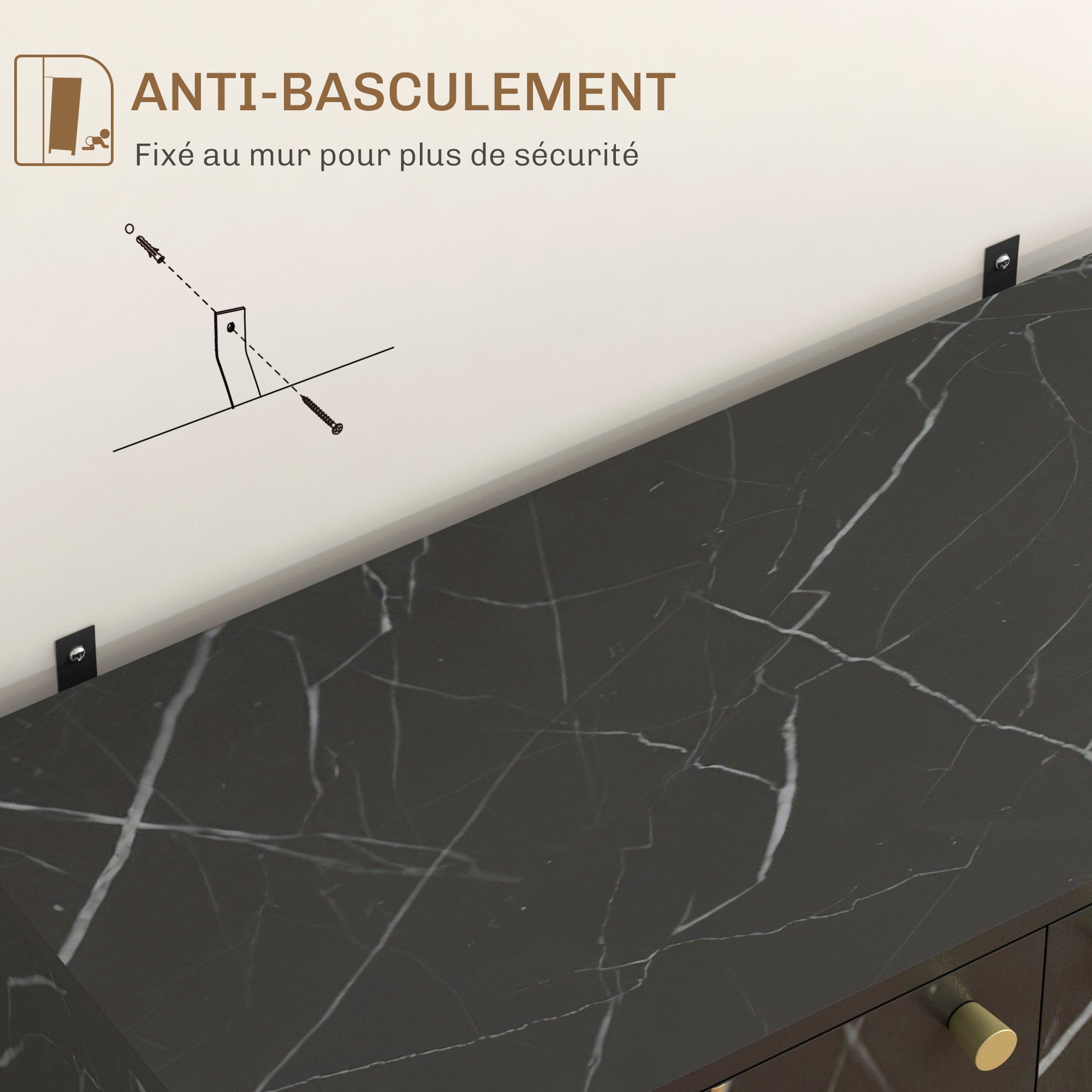 Meuble de rangement buffet salon avec 1 placard 2 portes et étagère réglable, pieds en métal - dim. 76L x 35l x 77H cm, aspect marbre noir