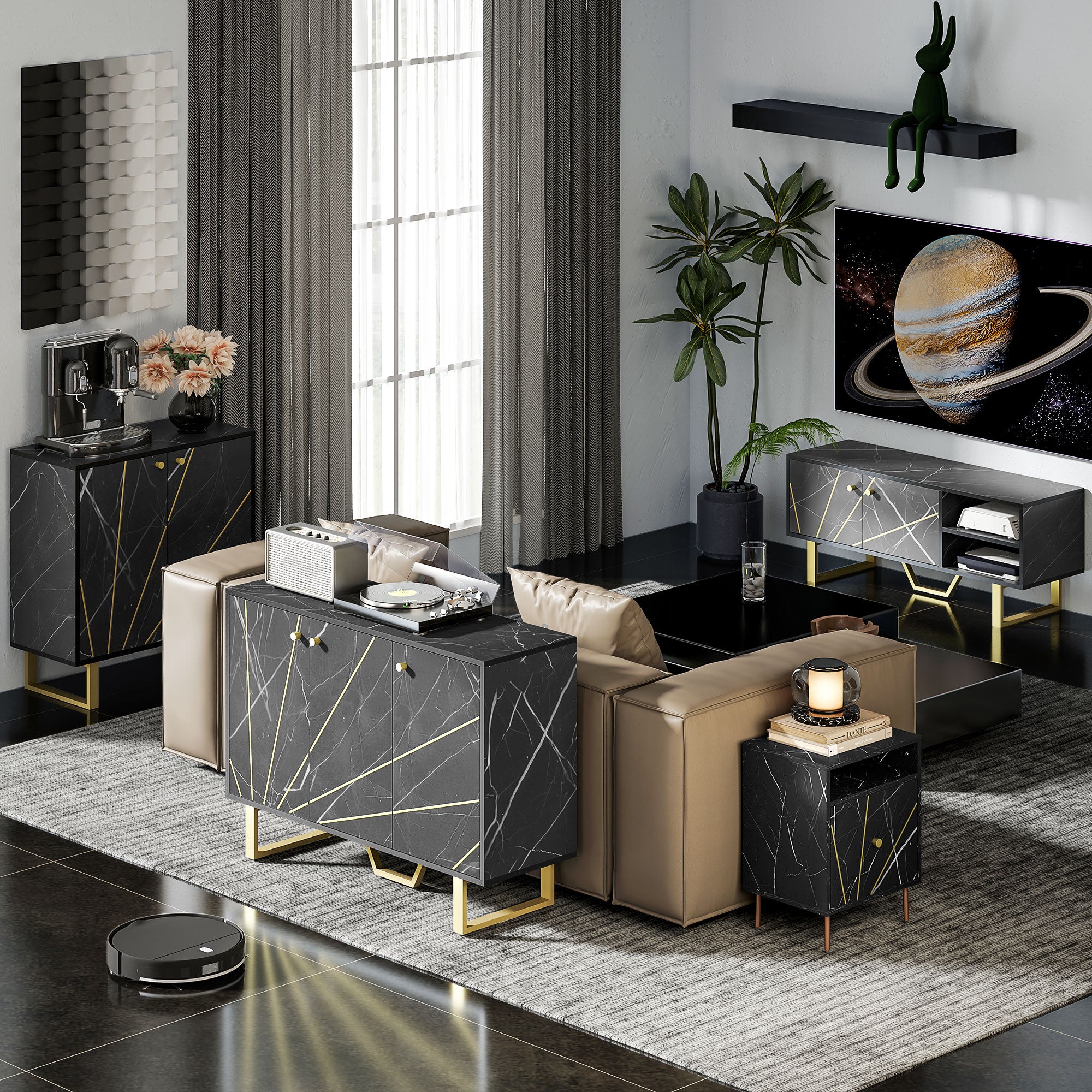 Meuble de rangement buffet salon avec 1 placard 2 portes et étagère réglable, pieds en métal - dim. 76L x 35l x 77H cm, aspect marbre noir