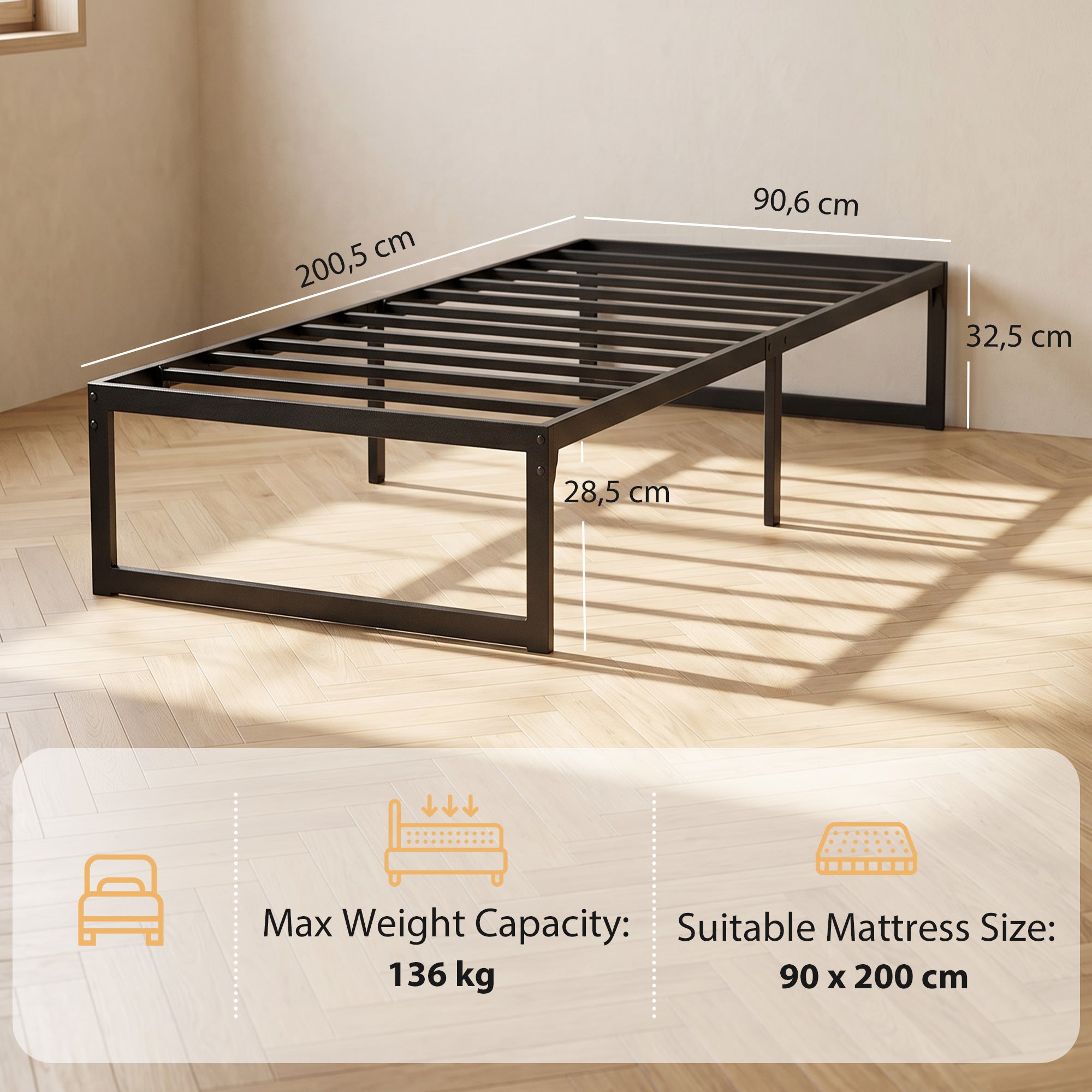 Cadre de lit 90 x 200 cm avec sommier, lit simple avec support à lattes en métal, rangement au-dessous de 32,5H cm, sans bruit, montage facile, noir