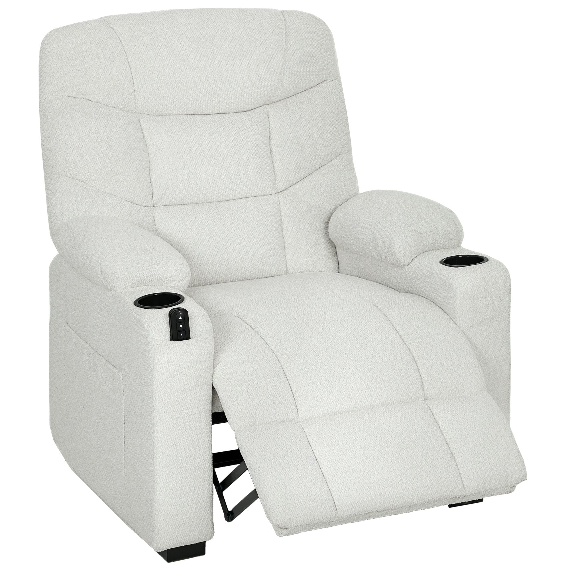 Fauteuil relax électrique, fauteuil inclinable en velours, port USB, assise large, repose-pieds, porte-gobelets, poches latérales, télécommande, moteur silencieux, 2 positions mémoire, crème