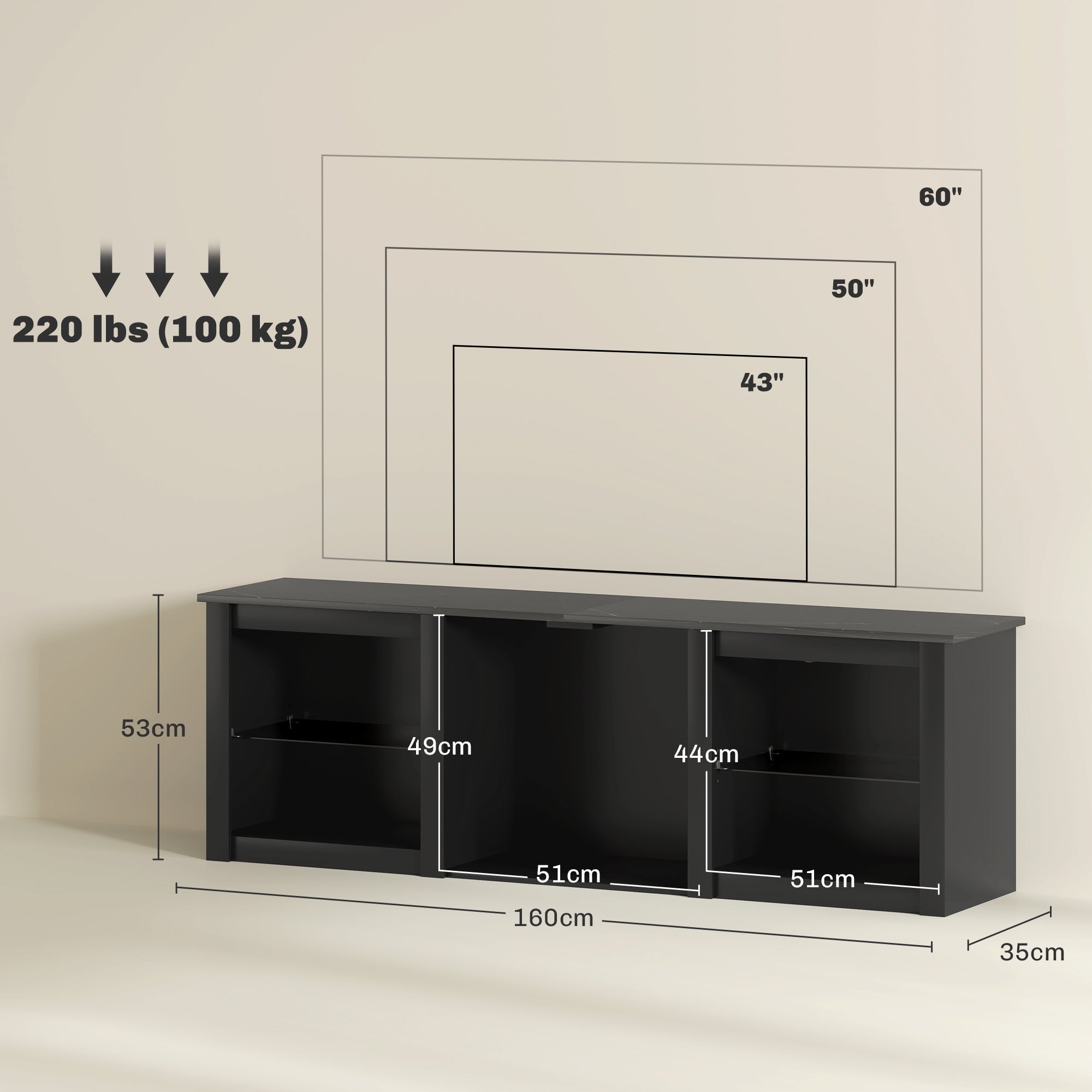 Meuble TV LED RGB meuble télé bois banc TV jusqu'à 65 pouces avec étagères en verre réglables, 5 niches, passe-câbles et télécommande pour salon, chambre à coucher, dim. 160 x 35 x 53 cm, noir