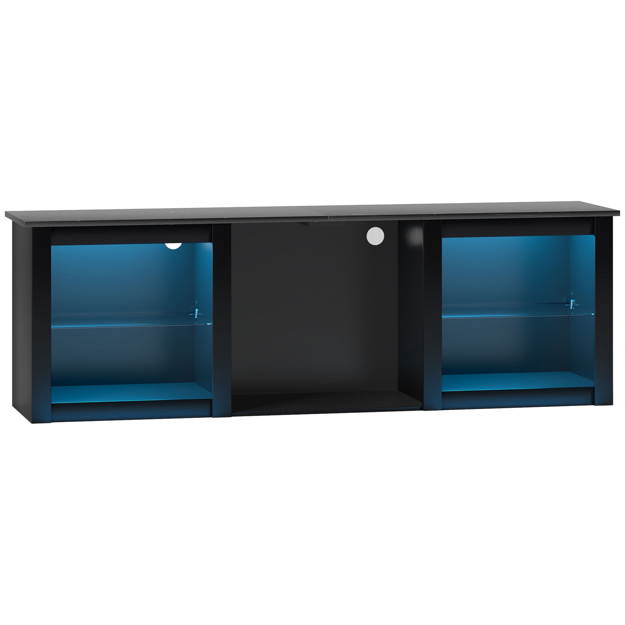 Meuble TV LED RGB meuble télé bois banc TV jusqu'à 65 pouces avec étagères en verre réglables, 5 niches, passe-câbles et télécommande pour salon, chambre à coucher, dim. 160 x 35 x 53 cm, noir