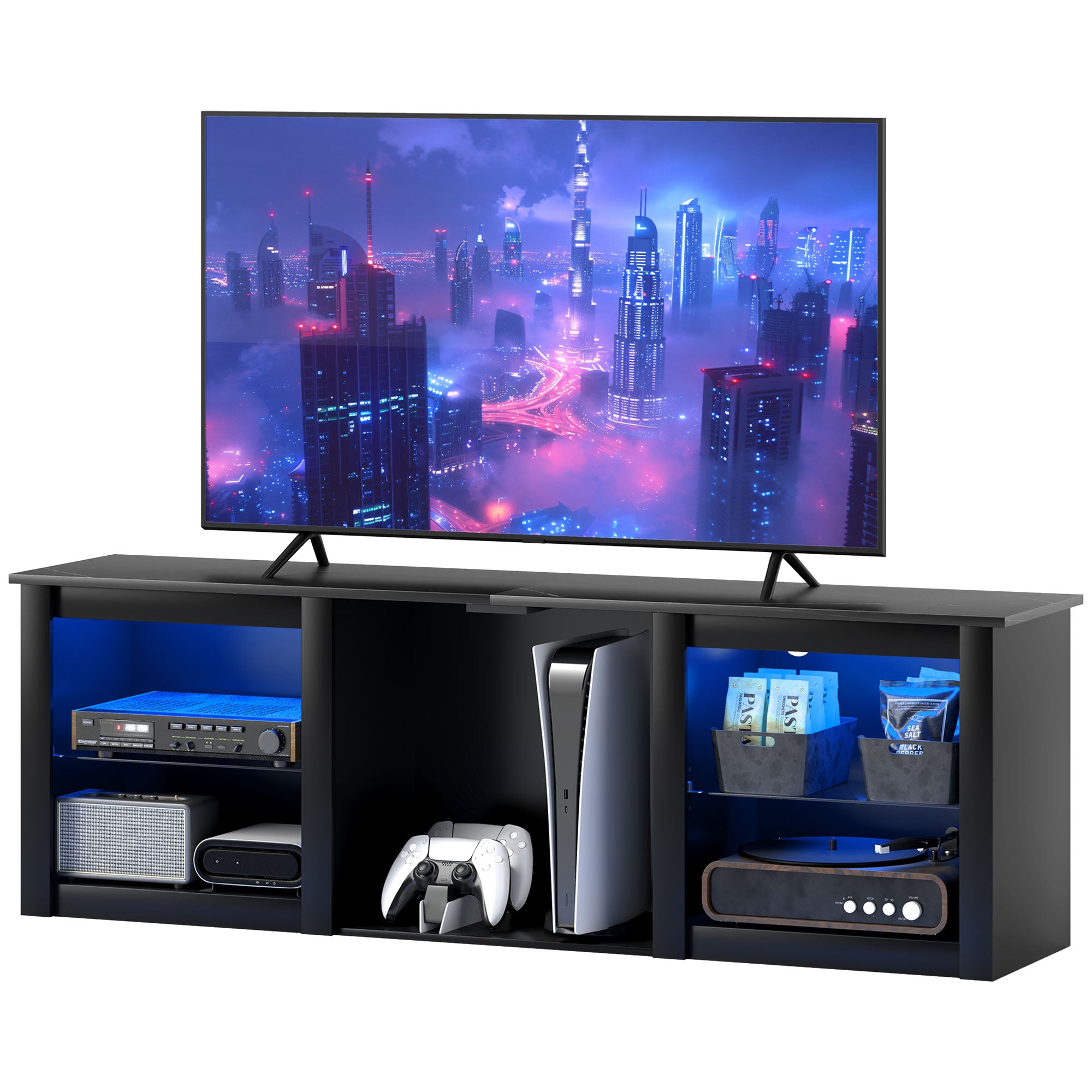 Meuble TV LED RGB meuble télé bois banc TV jusqu'à 65 pouces avec étagères en verre réglables, 5 niches, passe-câbles et télécommande pour salon, chambre à coucher, dim. 160 x 35 x 53 cm, noir
