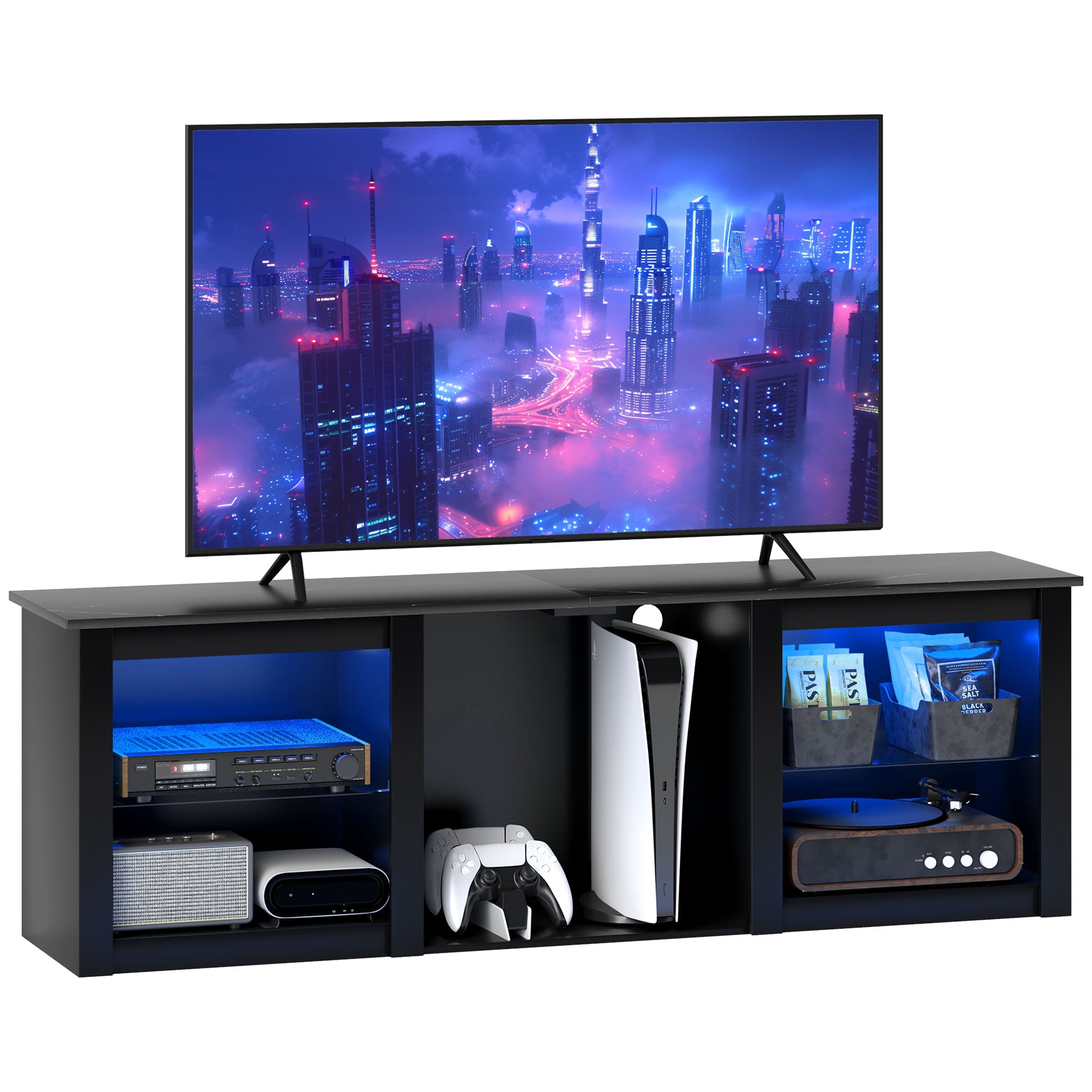 Meuble TV LED RGB meuble télé bois banc TV jusqu'à 65 pouces avec étagères en verre réglables, 5 niches, passe-câbles et télécommande pour salon, chambre à coucher, dim. 160 x 35 x 53 cm, noir